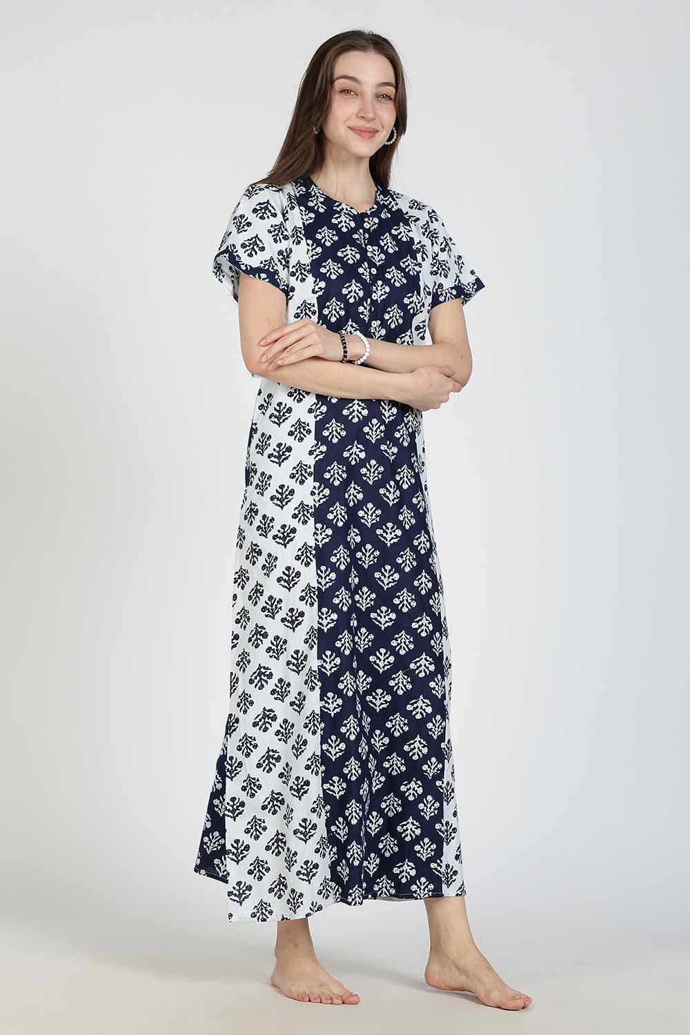 Naidu Hall Women’s Printed Cotton Nighty | Full Length Mandarin Collar Half Sleeve Chevron Print Nightdress for Daily Wear & Sleepwear
- NB31