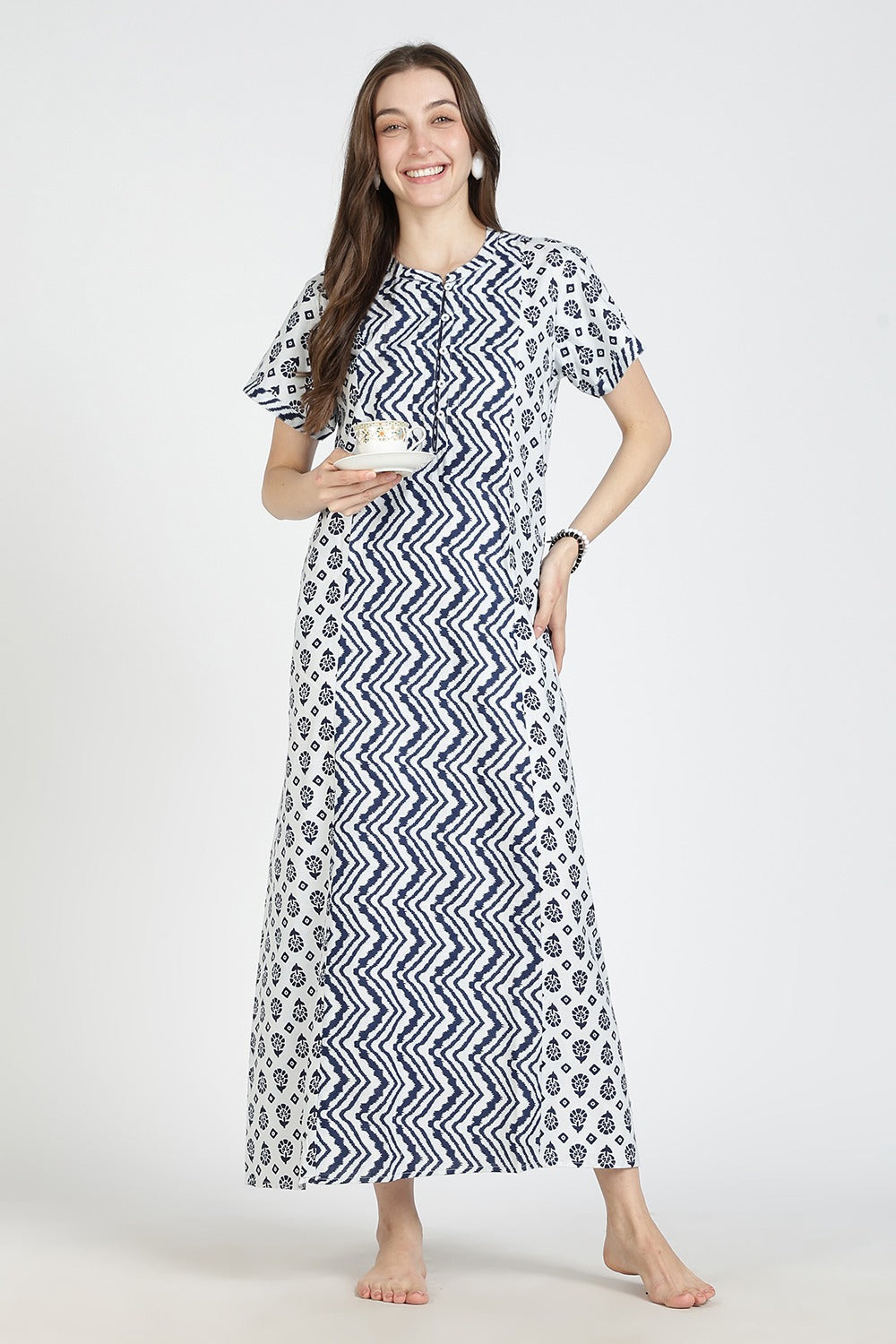 Naidu Hall Women’s Printed Cotton Nighty | Full Length Mandarin Collar Half Sleeve Botanical Leaf Print Nightdress for Daily Wear & Sleepwear
- NB32