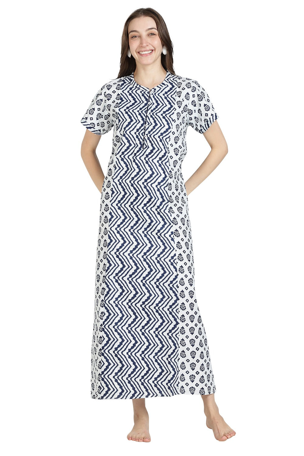 Naidu Hall Women’s Printed Cotton Nighty | Full Length Mandarin Collar Half Sleeve Botanical Leaf Print Nightdress for Daily Wear & Sleepwear
- NB32