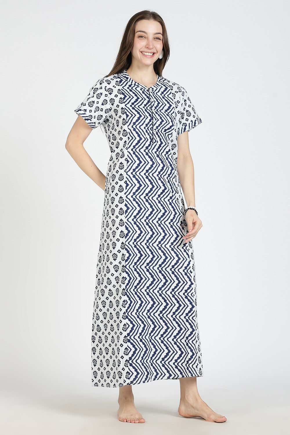 Naidu Hall Women’s Printed Cotton Nighty | Full Length Mandarin Collar Half Sleeve Botanical Leaf Print Nightdress for Daily Wear & Sleepwear
- NB32