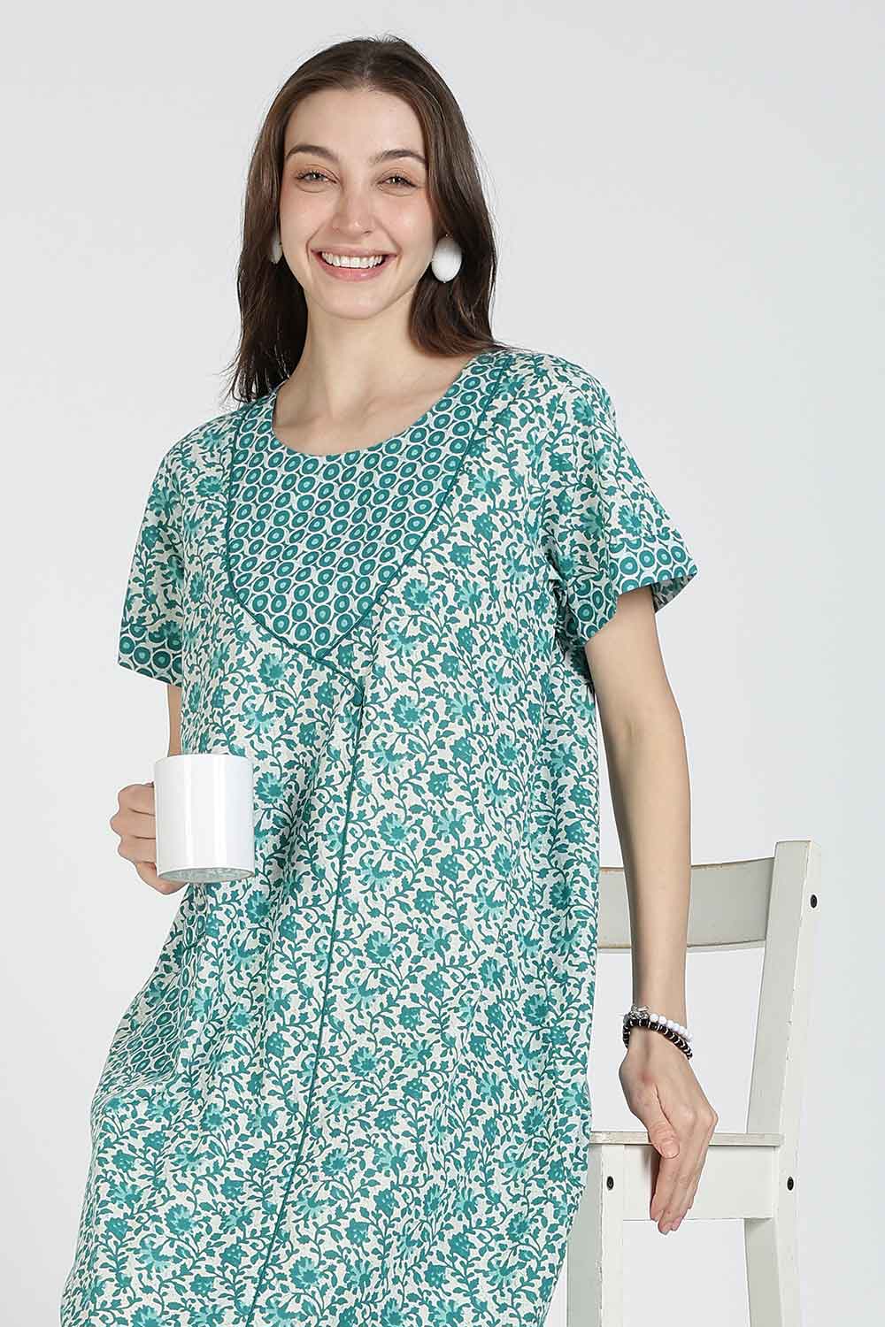 Naidu Hall Women Printed Cotton Full-Length A-Line Nighty – Floral Garden Print Sleepwear | Short Sleeves | Round Neck | Daily Wear Lounge Night Gown
- NB35