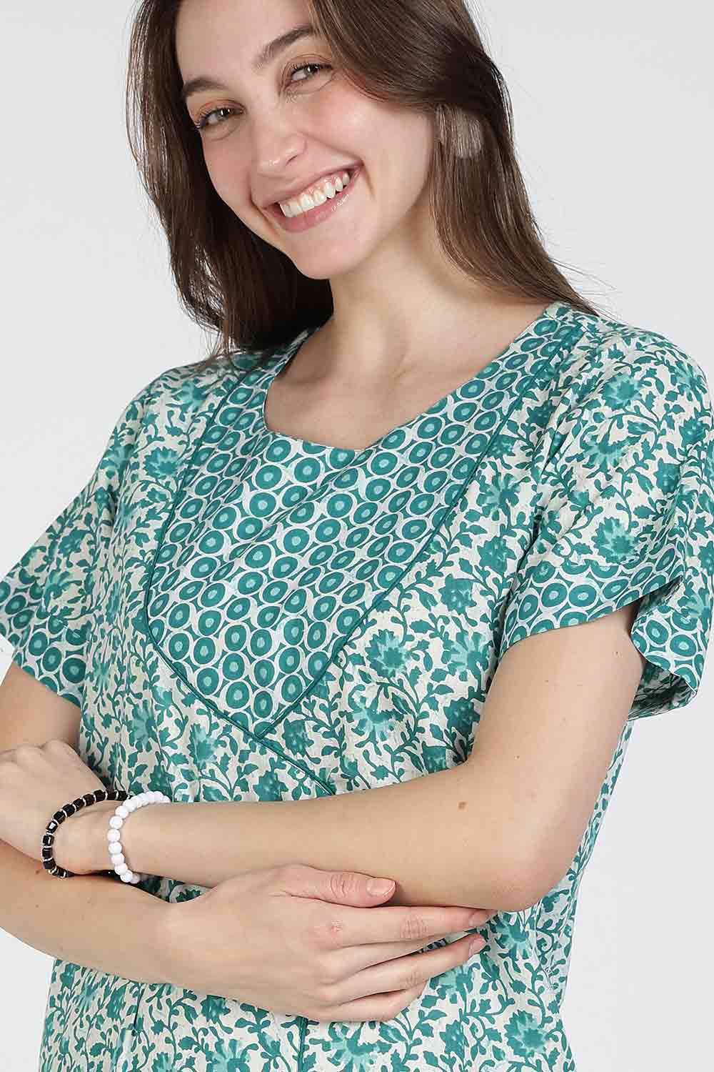 Naidu Hall Women Printed Cotton Full-Length A-Line Nighty – Floral Garden Print Sleepwear | Short Sleeves | Round Neck | Daily Wear Lounge Night Gown
- NB35