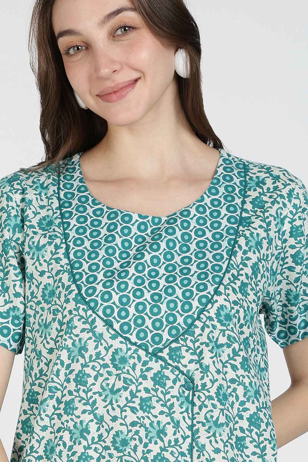 Naidu Hall Women Printed Cotton Full-Length A-Line Nighty – Floral Garden Print Sleepwear | Short Sleeves | Round Neck | Daily Wear Lounge Night Gown
- NB35