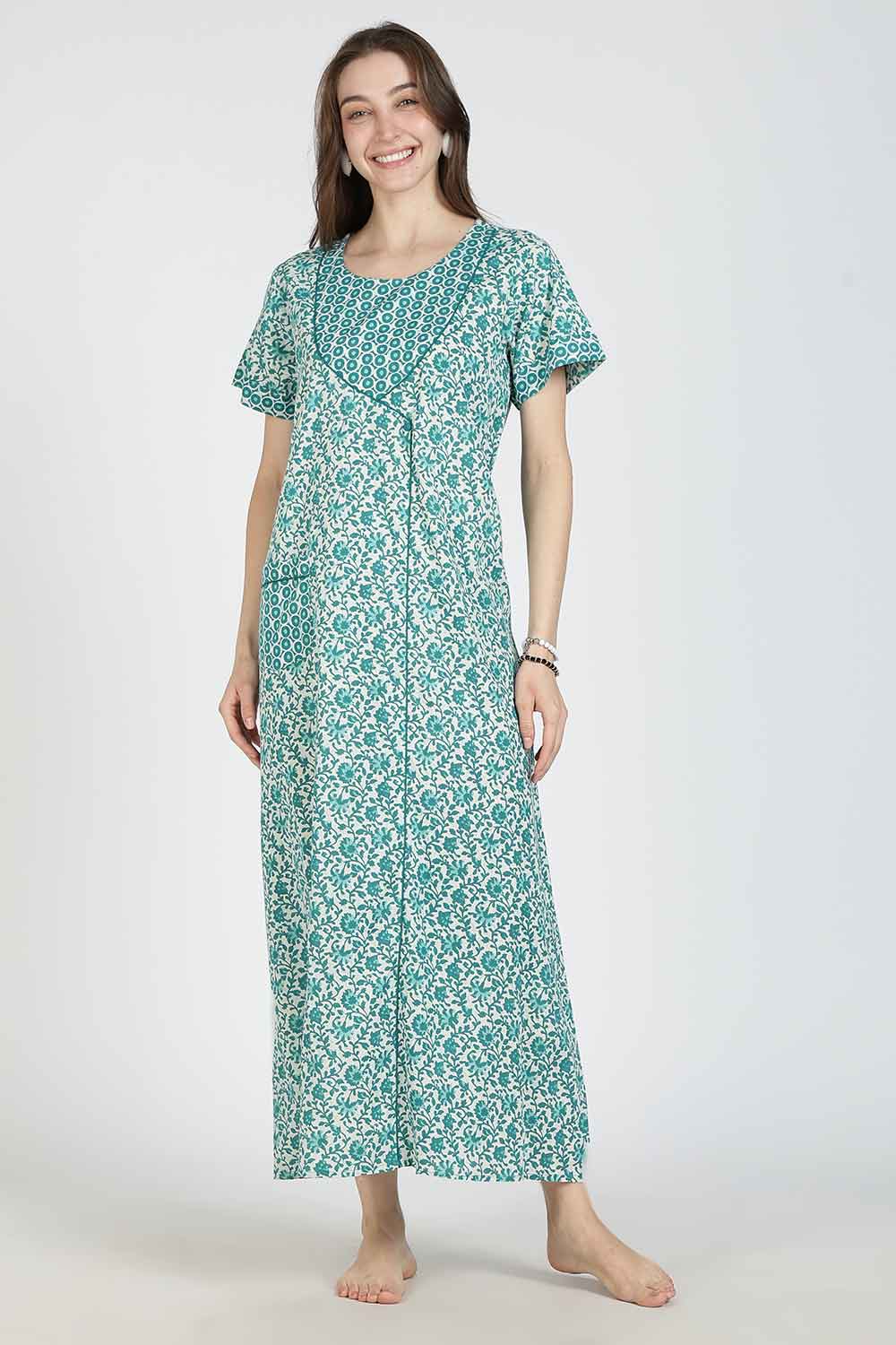 Naidu Hall Women Printed Cotton Full-Length A-Line Nighty – Floral Garden Print Sleepwear | Short Sleeves | Round Neck | Daily Wear Lounge Night Gown
- NB35