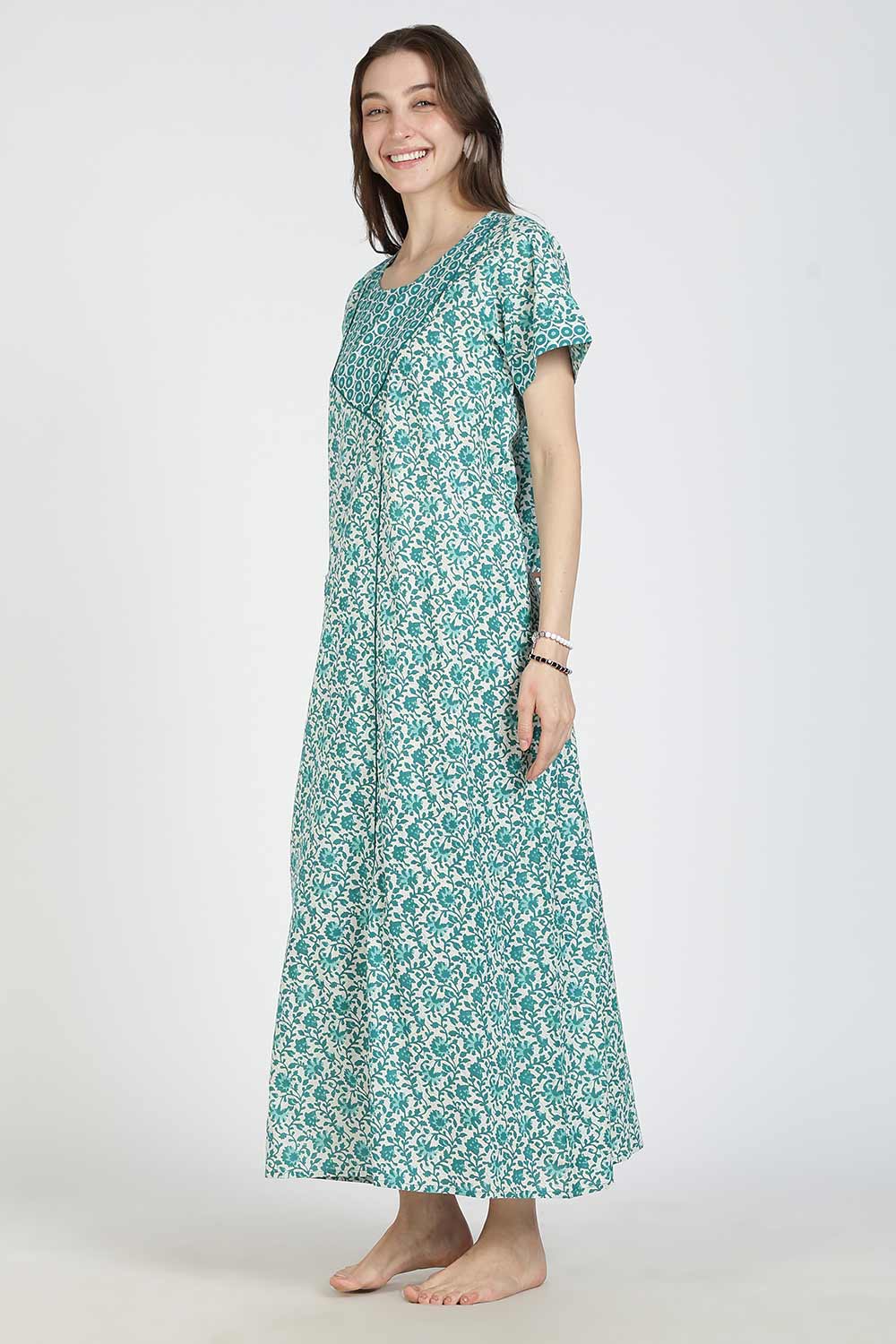 Naidu Hall Women Printed Cotton Full-Length A-Line Nighty – Floral Garden Print Sleepwear | Short Sleeves | Round Neck | Daily Wear Lounge Night Gown
- NB35
