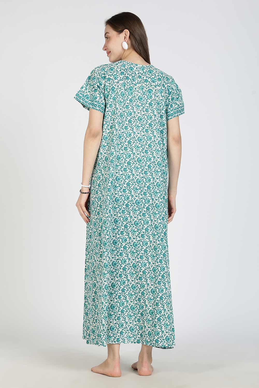 Naidu Hall Women Printed Cotton Full-Length A-Line Nighty – Floral Garden Print Sleepwear | Short Sleeves | Round Neck | Daily Wear Lounge Night Gown
- NB35