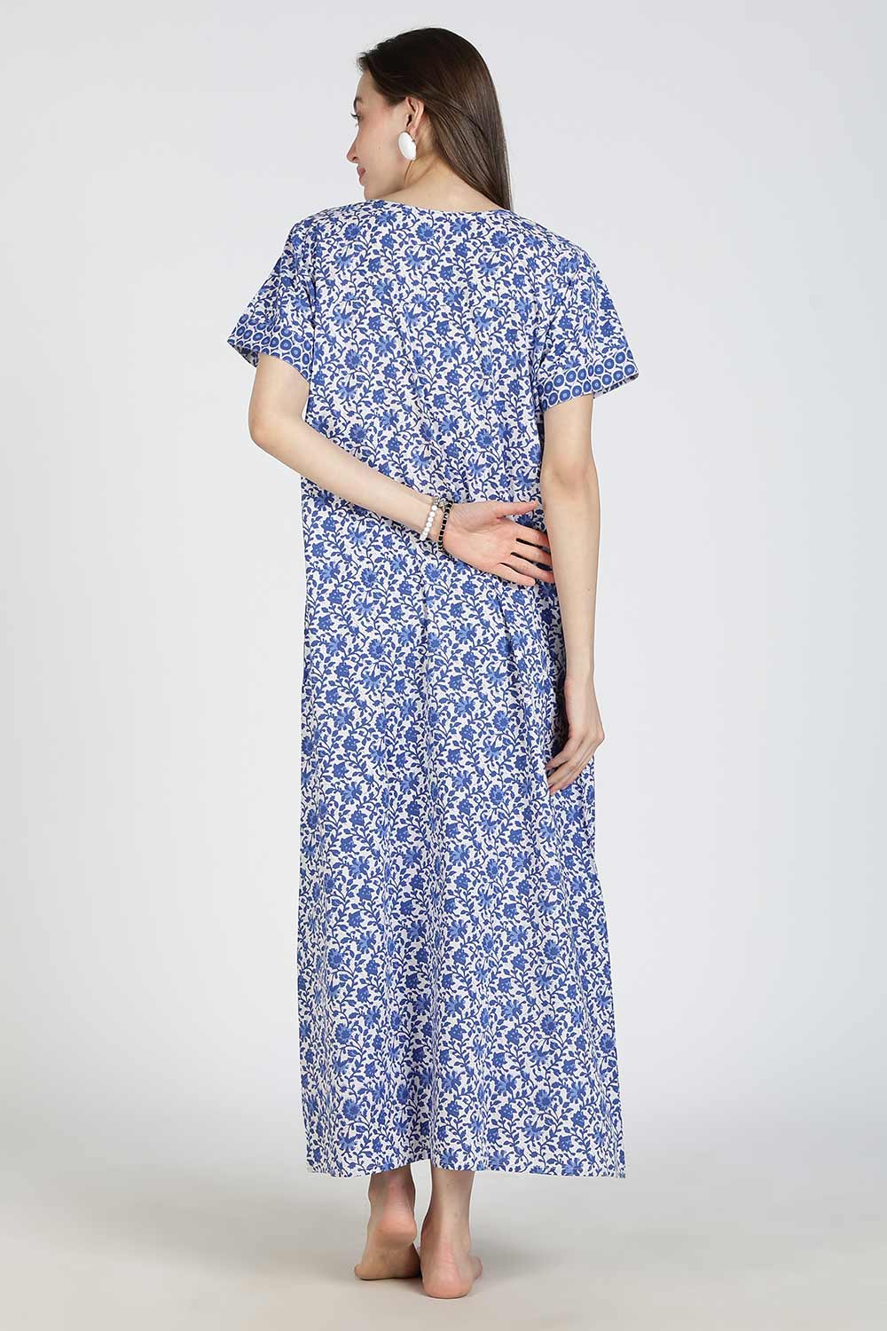 Naidu Hall Women Printed Cotton Full-Length A-Line Nighty – Floral Garden Print Sleepwear | Short Sleeves | Round Neck | Daily Wear Lounge Night Gown
- NB35