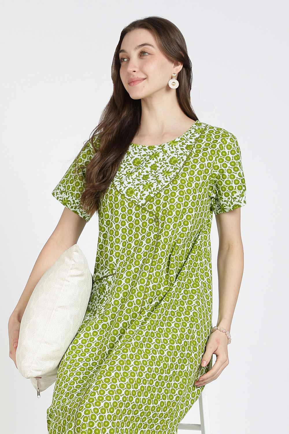 Naidu Hall Women Printed Cotton Full Length A-Line Nighty – Round Neck Short Sleeve Night Gown | Daily Wear Cotton Sleepwear
- NB36