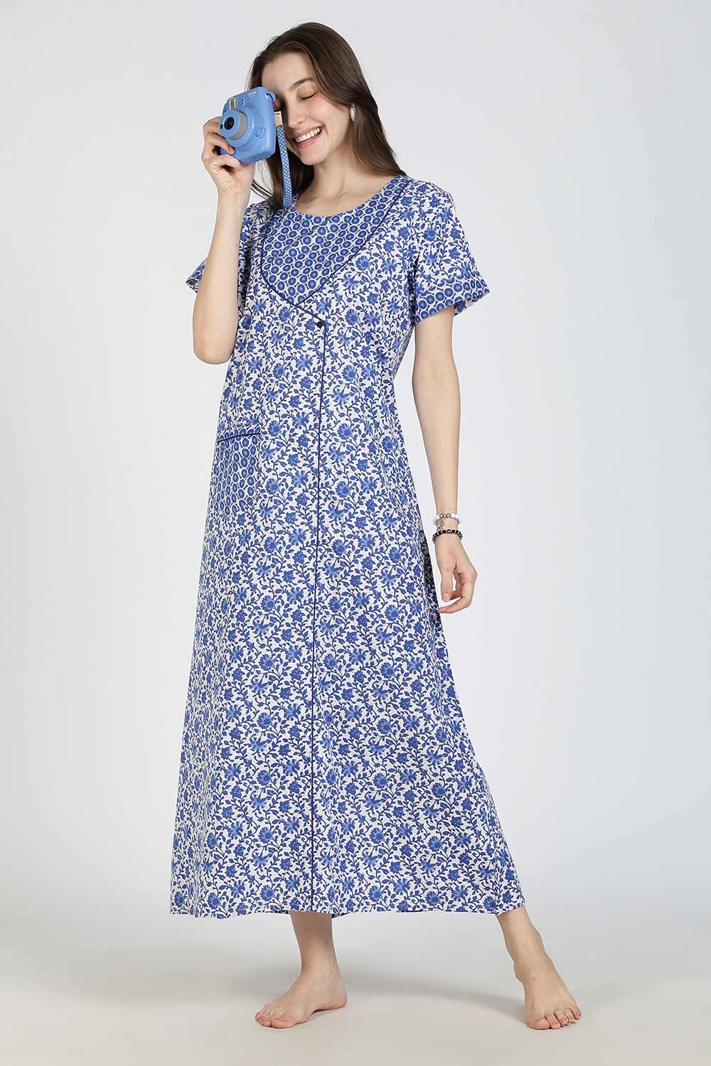 Naidu Hall Women Printed Cotton Full-Length A-Line Nighty – Floral Garden Print Sleepwear | Short Sleeves | Round Neck | Daily Wear Lounge Night Gown
- NB35