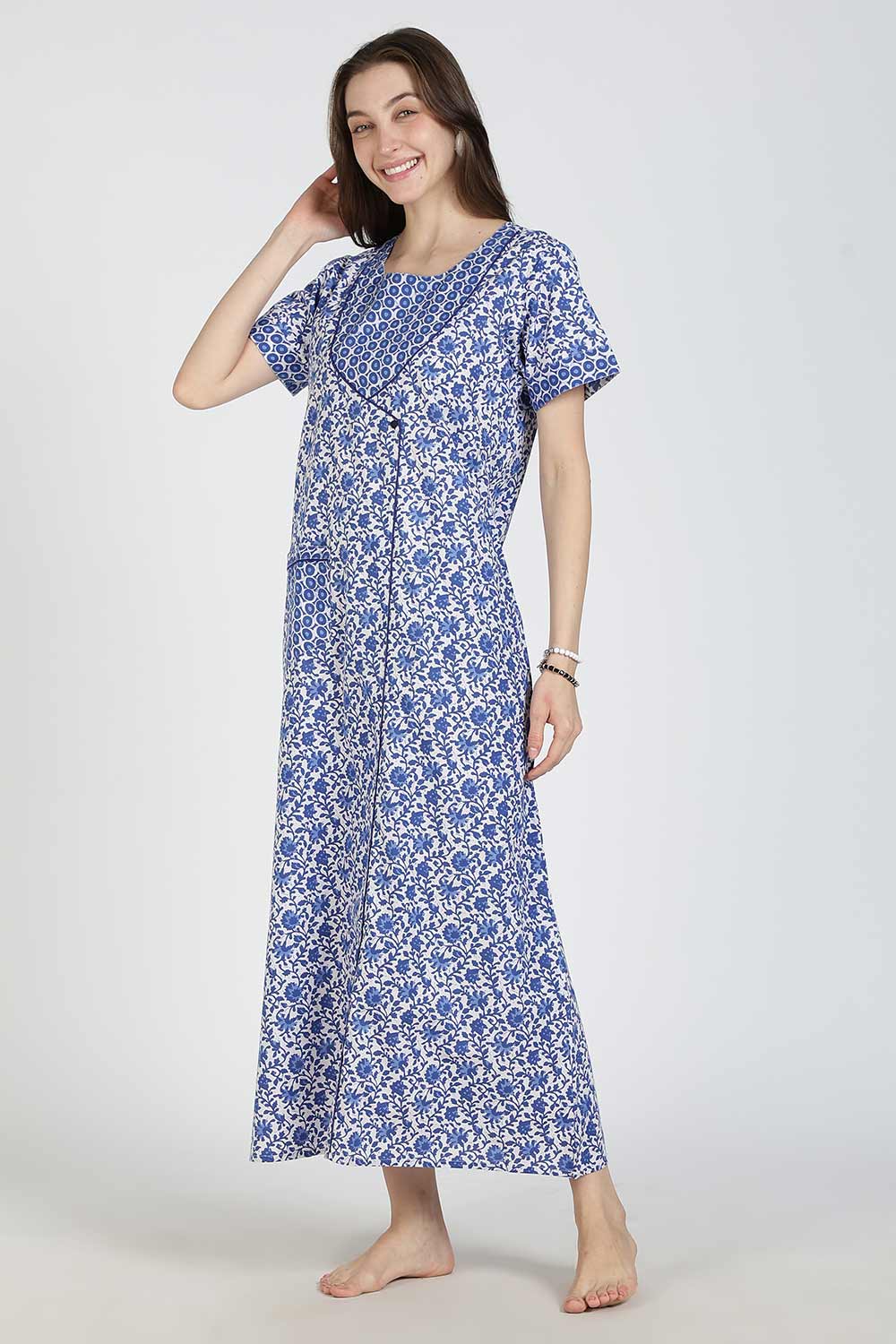 Naidu Hall Women Printed Cotton Full-Length A-Line Nighty – Floral Garden Print Sleepwear | Short Sleeves | Round Neck | Daily Wear Lounge Night Gown
- NB35