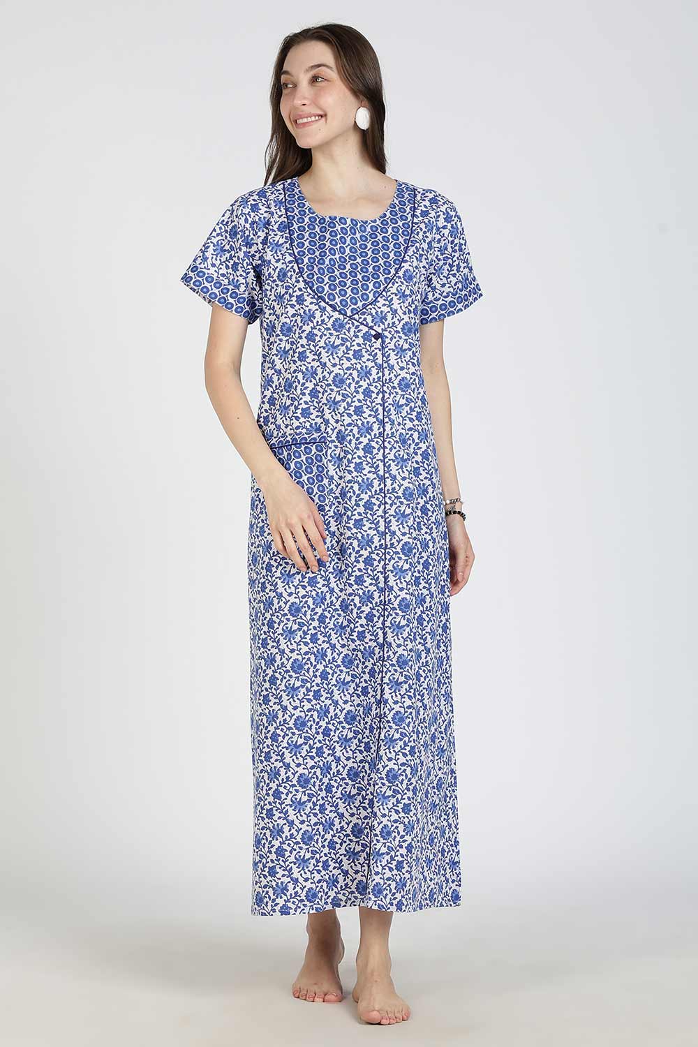 Naidu Hall Women Printed Cotton Full-Length A-Line Nighty – Floral Garden Print Sleepwear | Short Sleeves | Round Neck | Daily Wear Lounge Night Gown
- NB35