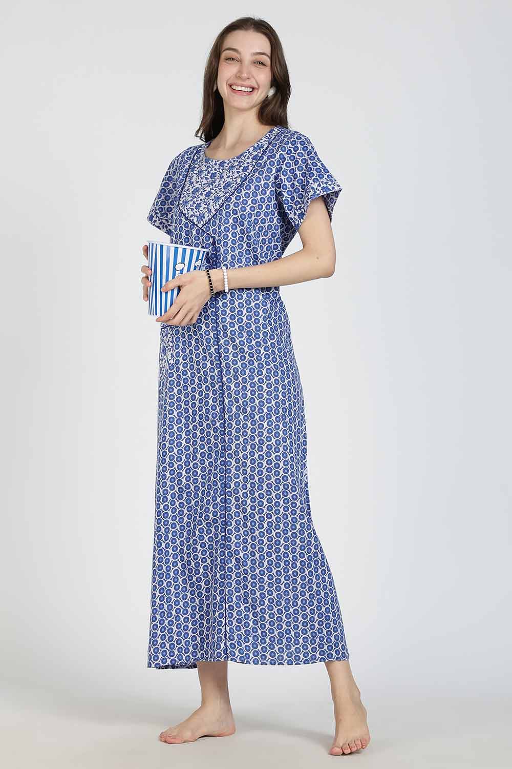 Naidu Hall Women Printed Cotton Full Length A-Line Nighty – Round Neck Short Sleeve Night Gown | Daily Wear Cotton Sleepwear
- NB36