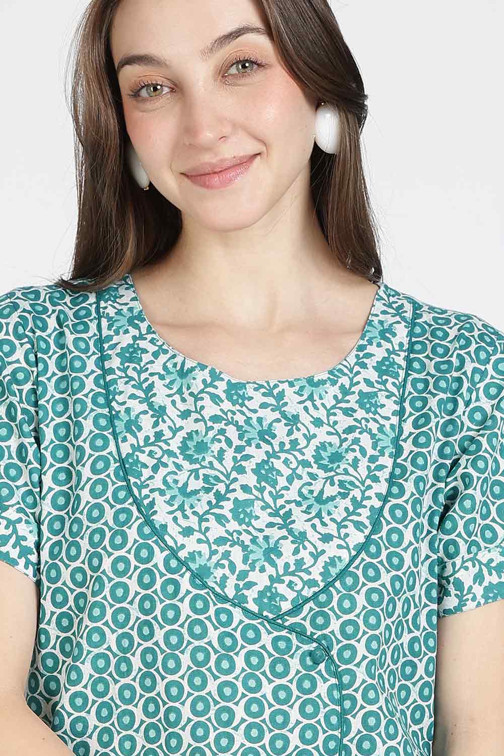 Naidu Hall Women Printed Cotton Full Length A-Line Nighty – Round Neck Short Sleeve Night Gown | Daily Wear Cotton Sleepwear
- NB36