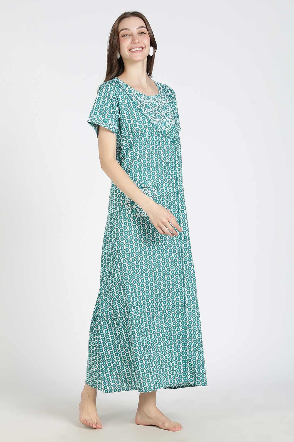 Naidu Hall Women Printed Cotton Full Length A-Line Nighty – Round Neck Short Sleeve Night Gown | Daily Wear Cotton Sleepwear
- NB36