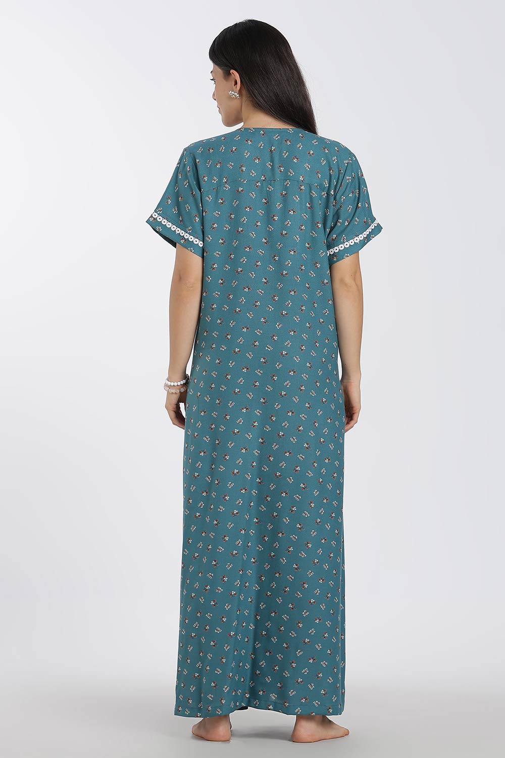 Naidu Hall Printed Cotton Nighty for Women – Full Length A-Line Nighty with Lace Panel & V-Slit Neck | Comfortable Daily Wear Sleepwear
- NB37