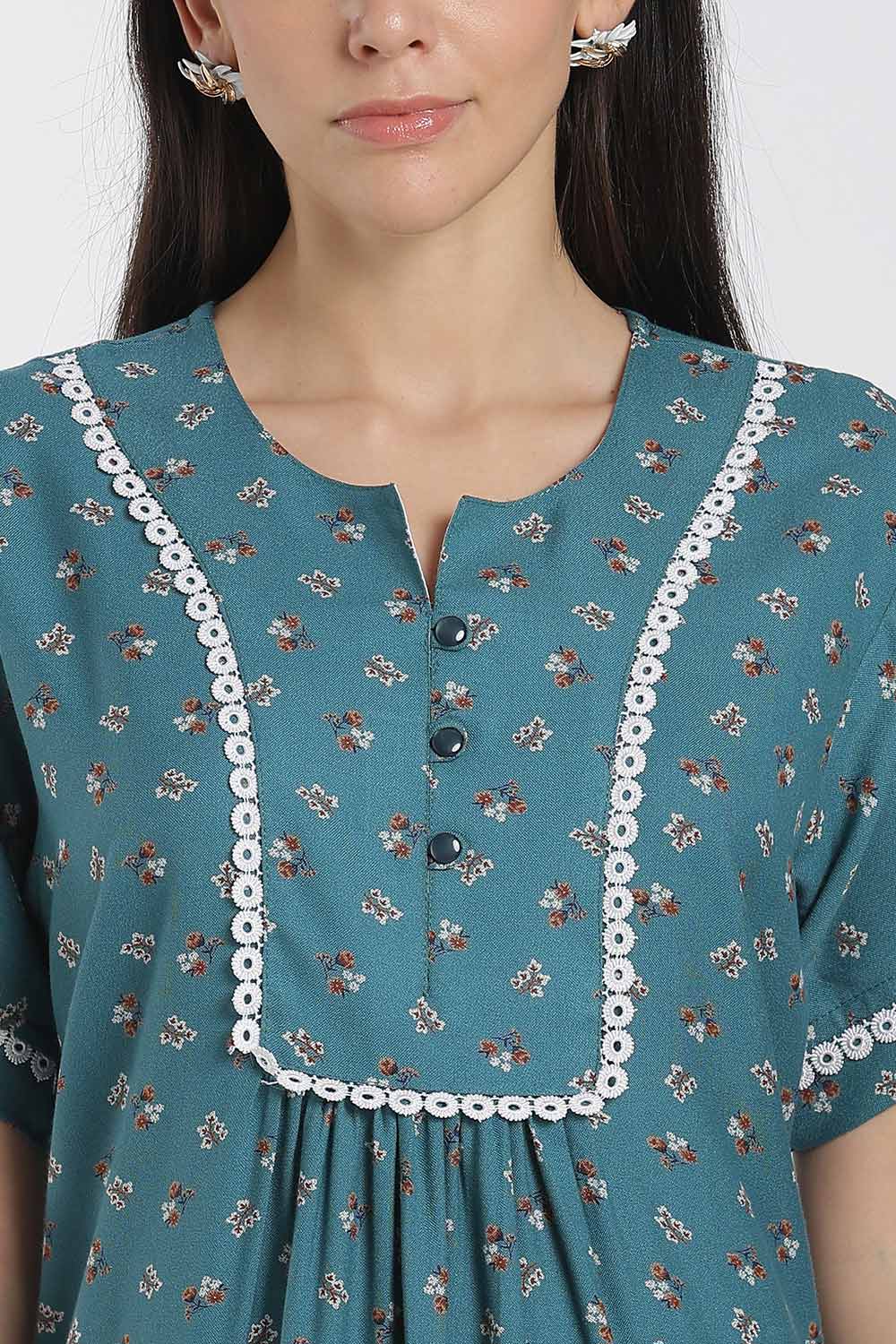 Naidu Hall Printed Cotton Nighty for Women – Full Length A-Line Nighty with Lace Panel & V-Slit Neck | Comfortable Daily Wear Sleepwear
- NB37