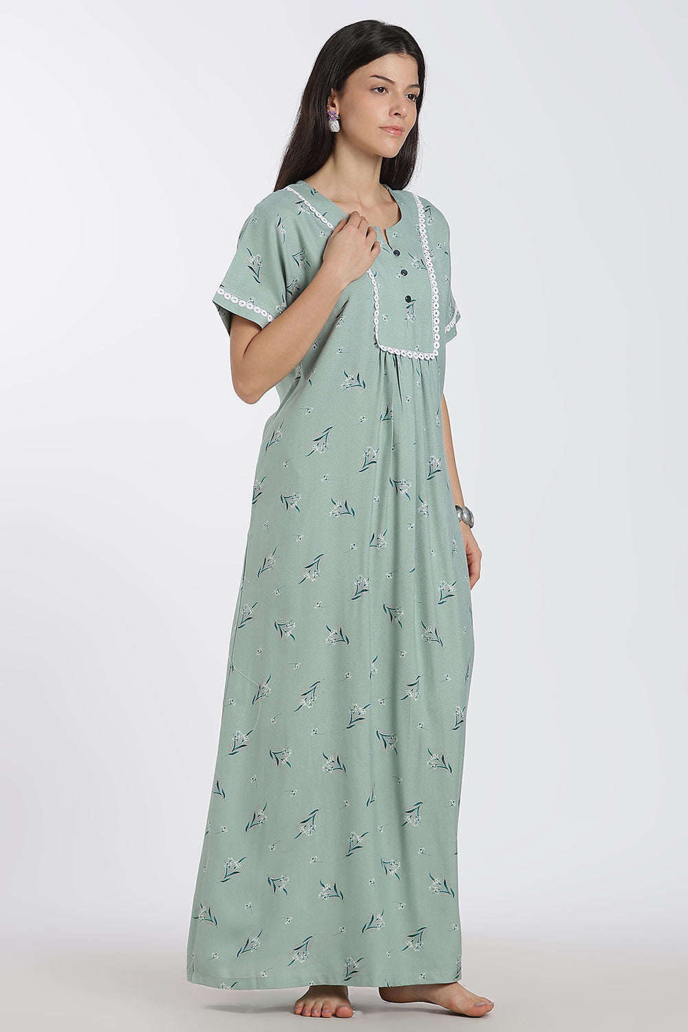 Naidu Hall Printed Cotton Nighty for Women – Full Length A-Line Nighty with Lace Panel & V-Slit Neck | Comfortable Daily Wear Sleepwear
- NB37