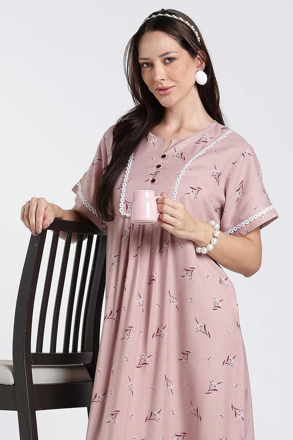 Naidu Hall Printed Cotton Nighty for Women – Full Length A-Line Nighty with Lace Panel & V-Slit Neck | Comfortable Daily Wear Sleepwear
- NB37