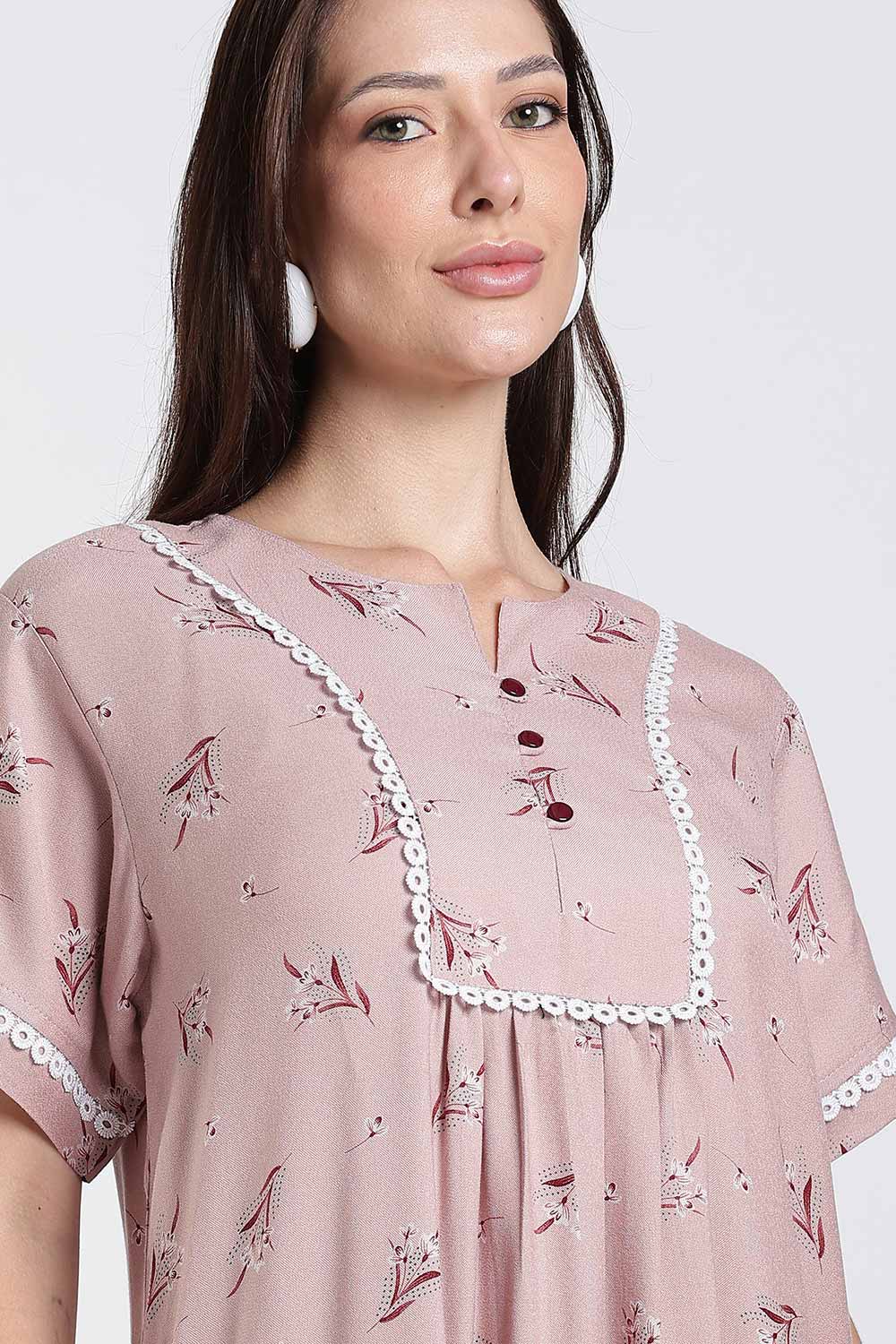 Naidu Hall Printed Cotton Nighty for Women – Full Length A-Line Nighty with Lace Panel & V-Slit Neck | Comfortable Daily Wear Sleepwear
- NB37