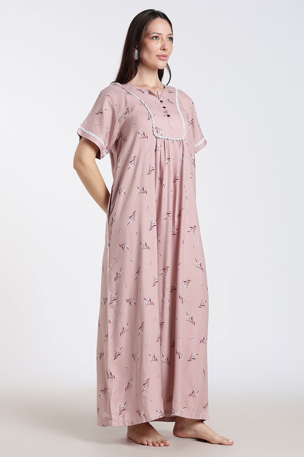 Naidu Hall Printed Cotton Nighty for Women – Full Length A-Line Nighty with Lace Panel & V-Slit Neck | Comfortable Daily Wear Sleepwear
- NB37