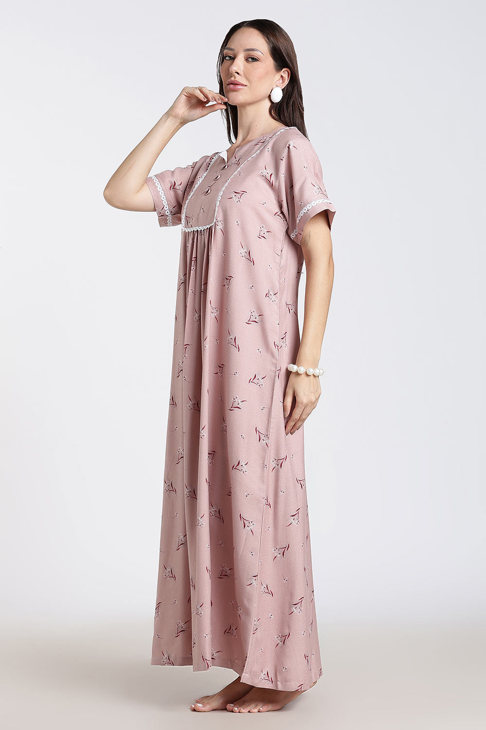 Naidu Hall Printed Cotton Nighty for Women – Full Length A-Line Nighty with Lace Panel & V-Slit Neck | Comfortable Daily Wear Sleepwear
- NB37