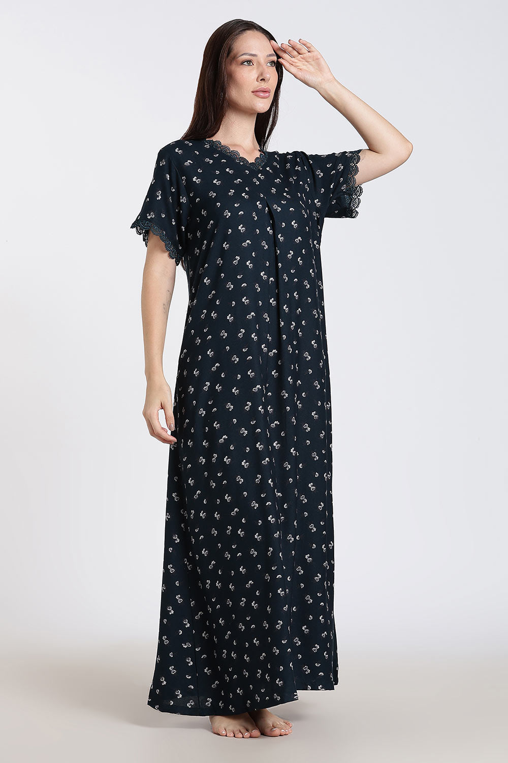Naidu Hall Printed Alpine Cotton Nighty for Women – Full Length A-Line Sleepwear with Lace Detail & V-Neck | Comfortable Daily Wear Nighty
- NB39