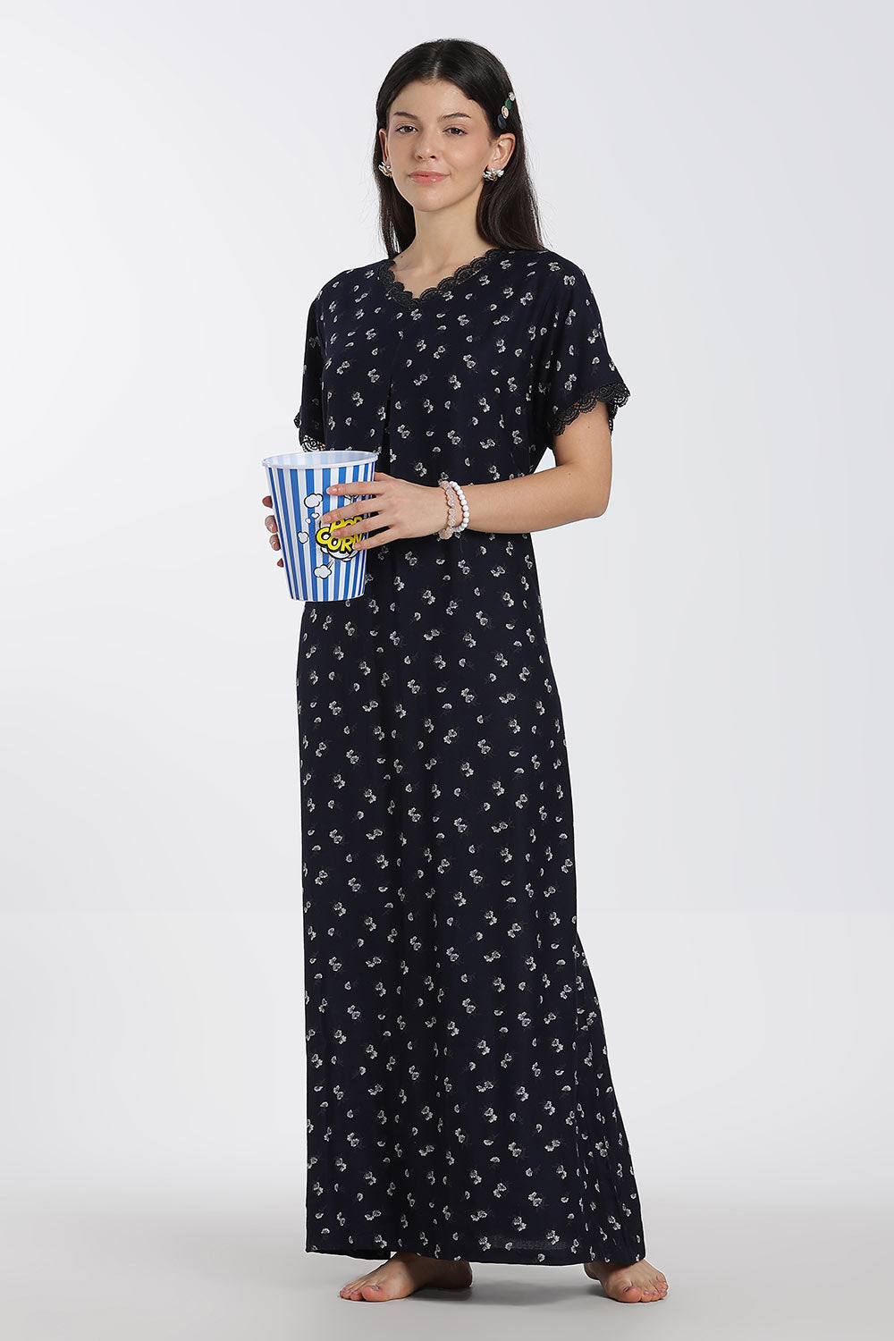 Naidu Hall Printed Alpine Cotton Nighty for Women – Full Length A-Line Sleepwear with Lace Detail & V-Neck | Comfortable Daily Wear Nighty
- NB39