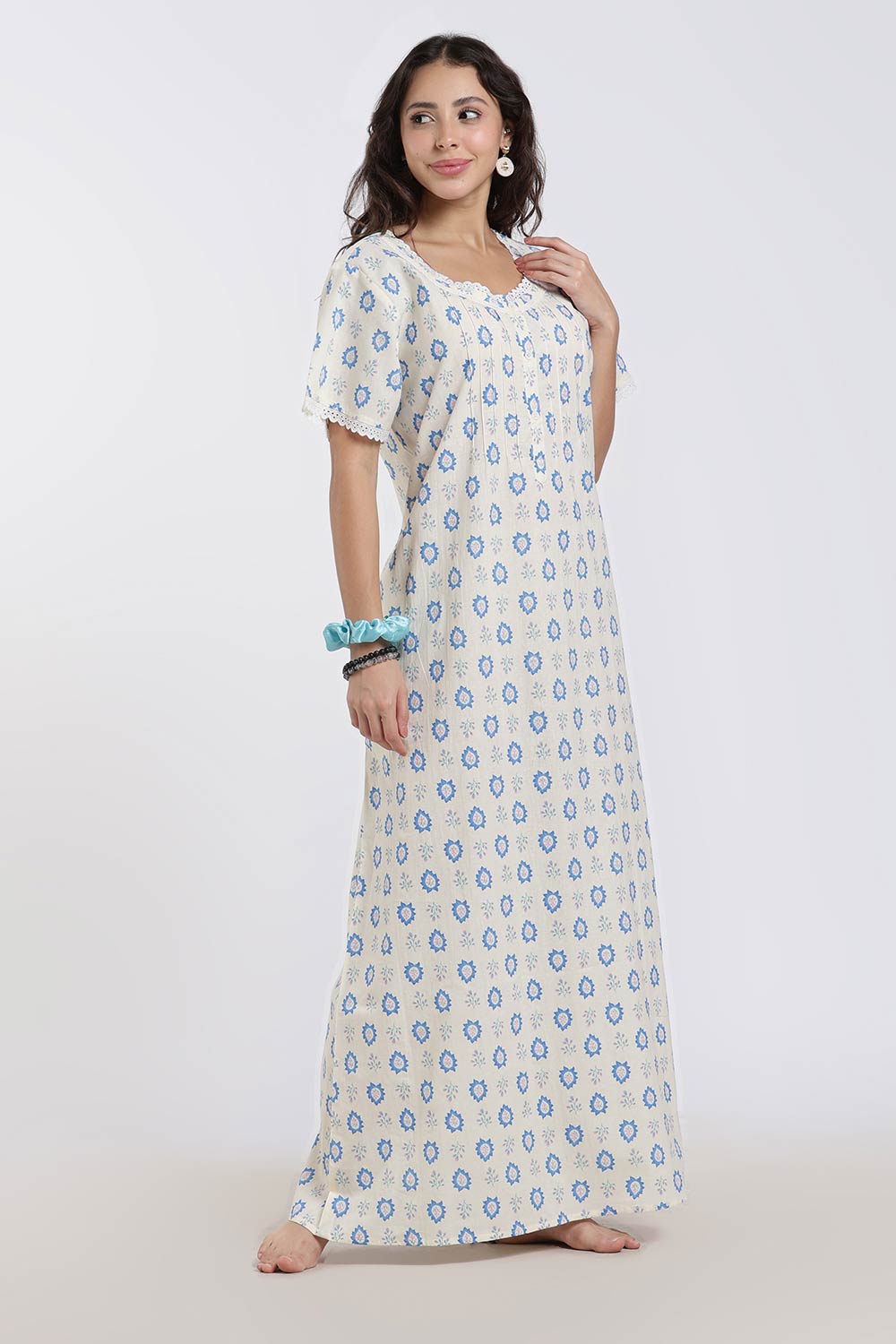 Naidu Hall Printed Cotton Nighty for Women – Full Length A-Line Sleepwear with Lace Detail | Comfortable Daily Wear Nighty
- NB43
