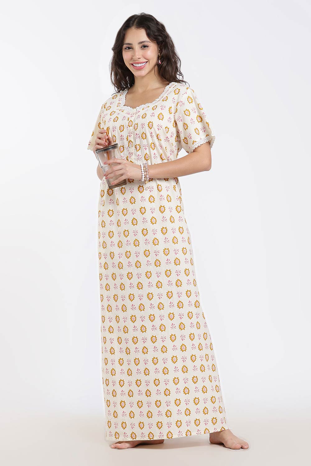 Naidu Hall Printed Cotton Nighty for Women – Full Length A-Line Sleepwear with Lace Detail | Comfortable Daily Wear Nighty
- NB43