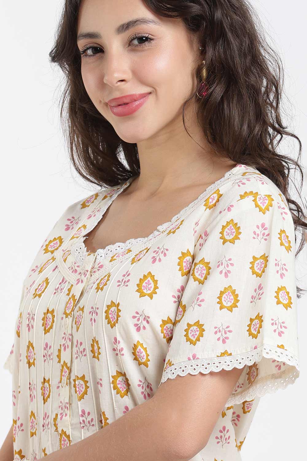 Naidu Hall Printed Cotton Nighty for Women – Full Length A-Line Sleepwear with Lace Detail | Comfortable Daily Wear Nighty
- NB43