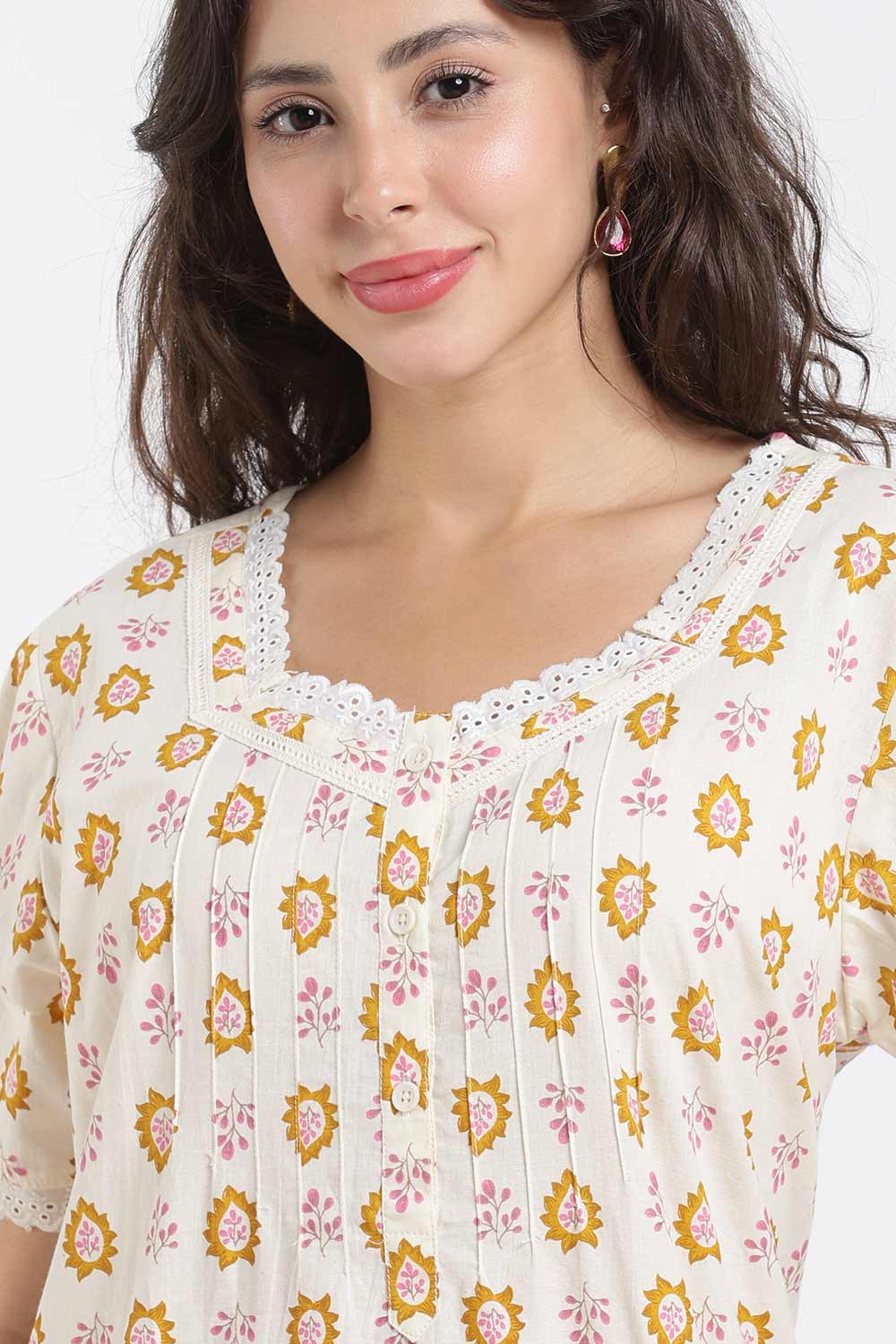 Naidu Hall Printed Cotton Nighty for Women – Full Length A-Line Sleepwear with Lace Detail | Comfortable Daily Wear Nighty
- NB43