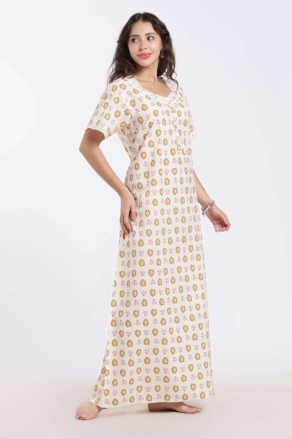 Naidu Hall Printed Cotton Nighty for Women – Full Length A-Line Sleepwear with Lace Detail | Comfortable Daily Wear Nighty
- NB43