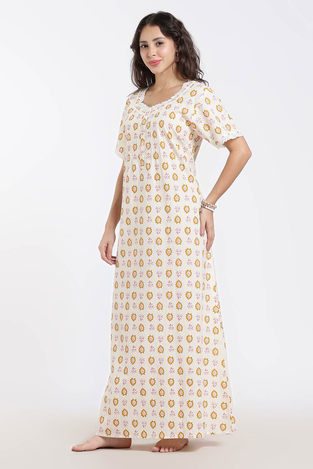 Naidu Hall Printed Cotton Nighty for Women – Full Length A-Line Sleepwear with Lace Detail | Comfortable Daily Wear Nighty
- NB43