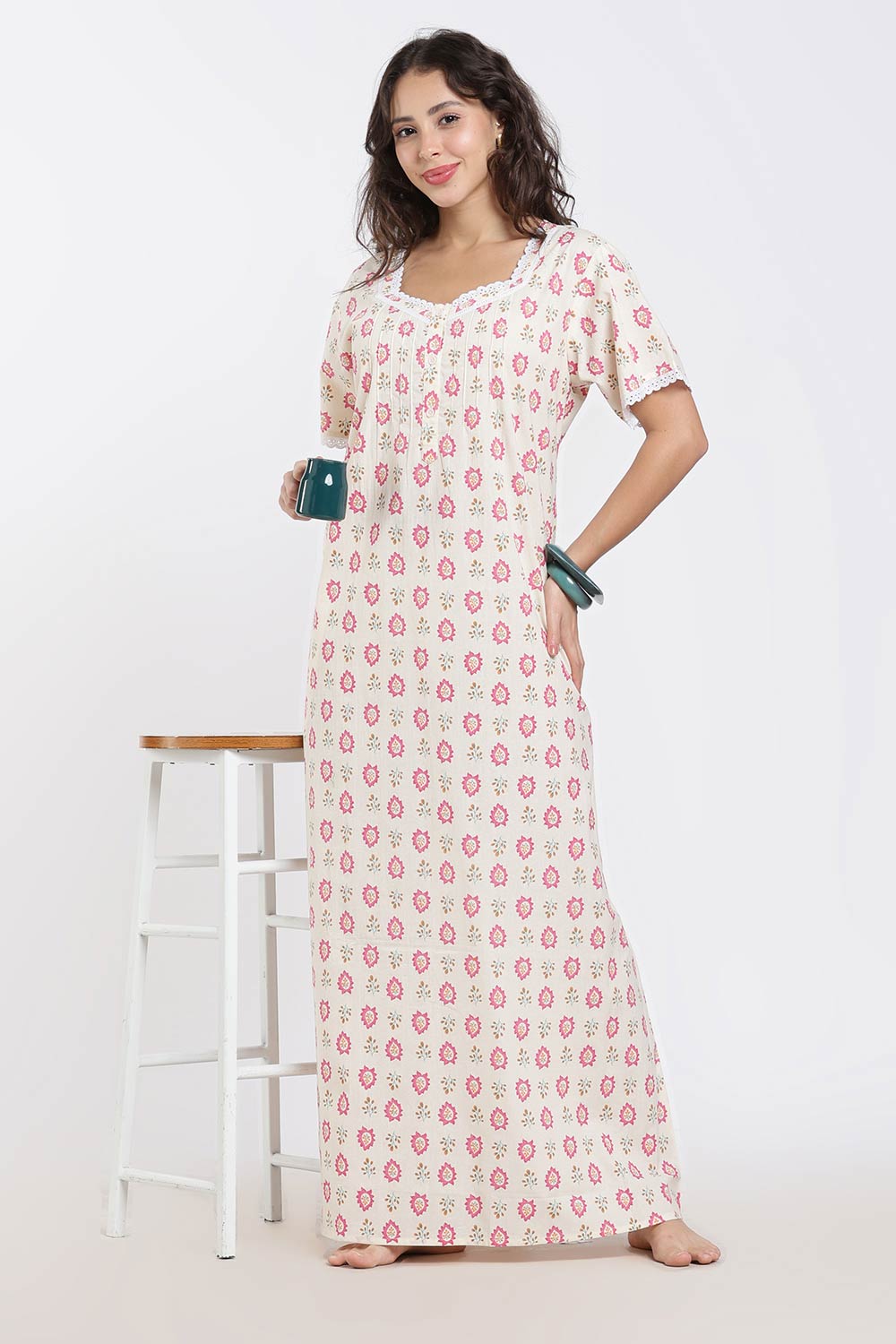 Naidu Hall Printed Cotton Nighty for Women – Full Length A-Line Sleepwear with Lace Detail | Comfortable Daily Wear Nighty
- NB43