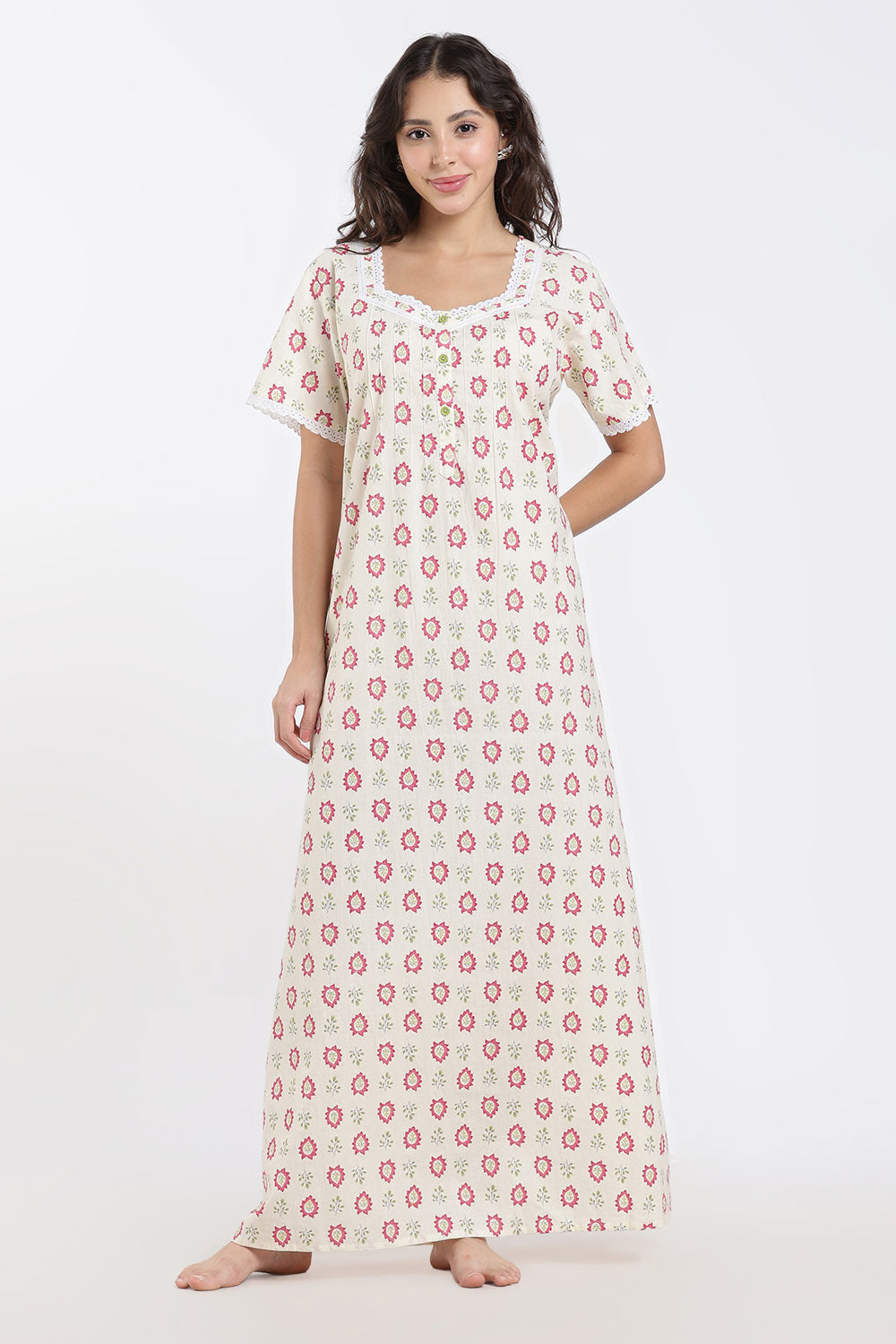 Naidu Hall Printed Cotton Nighty for Women – Full Length A-Line Sleepwear with Lace Detail | Comfortable Daily Wear Nighty
- NB43