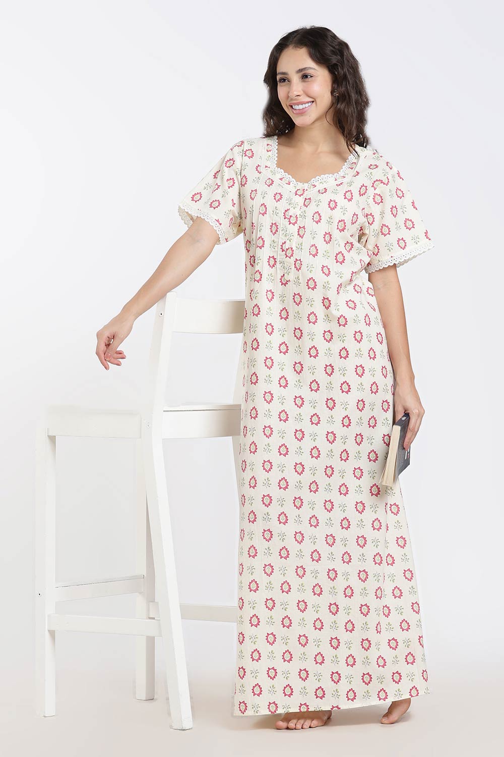 Naidu Hall Printed Cotton Nighty for Women – Full Length A-Line Sleepwear with Lace Detail | Comfortable Daily Wear Nighty
- NB43