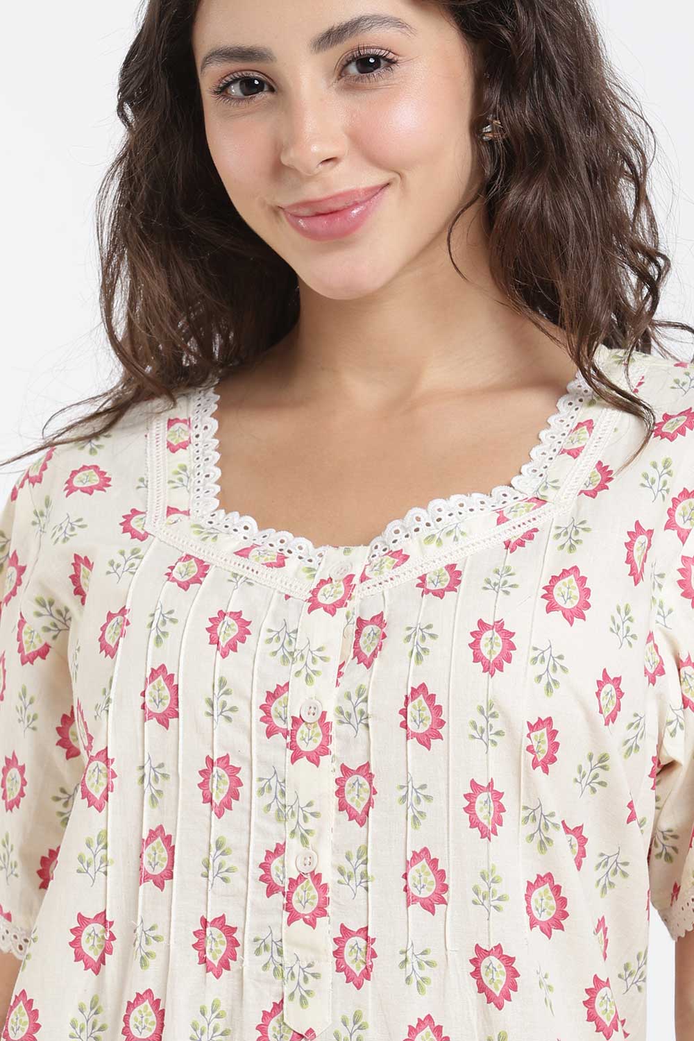 Naidu Hall Printed Cotton Nighty for Women – Full Length A-Line Sleepwear with Lace Detail | Comfortable Daily Wear Nighty
- NB43