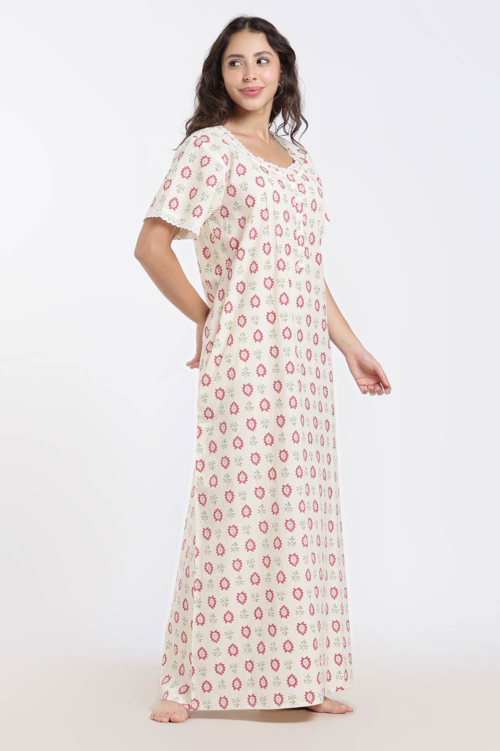 Naidu Hall Printed Cotton Nighty for Women – Full Length A-Line Sleepwear with Lace Detail | Comfortable Daily Wear Nighty
- NB43