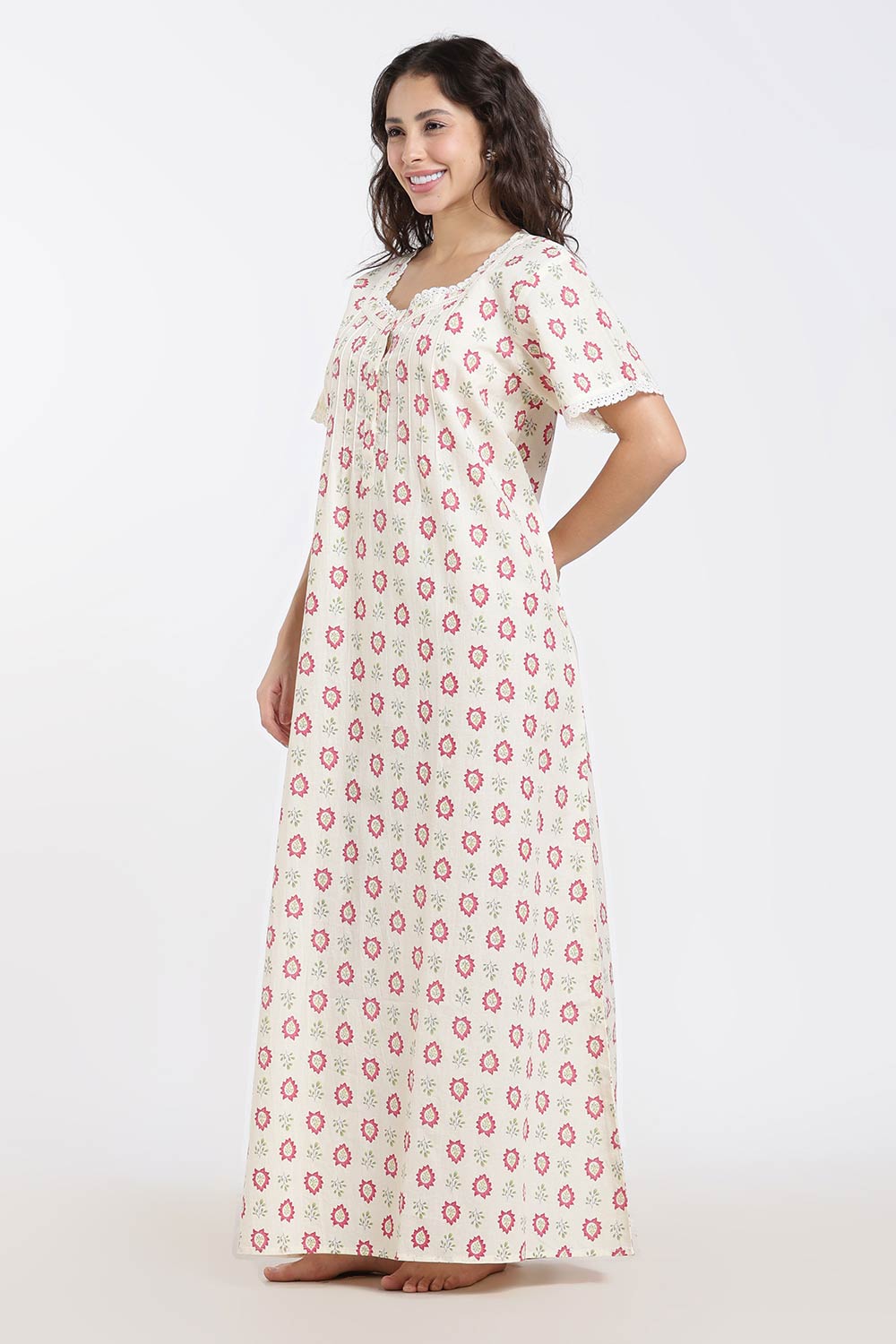 Naidu Hall Printed Cotton Nighty for Women – Full Length A-Line Sleepwear with Lace Detail | Comfortable Daily Wear Nighty
- NB43