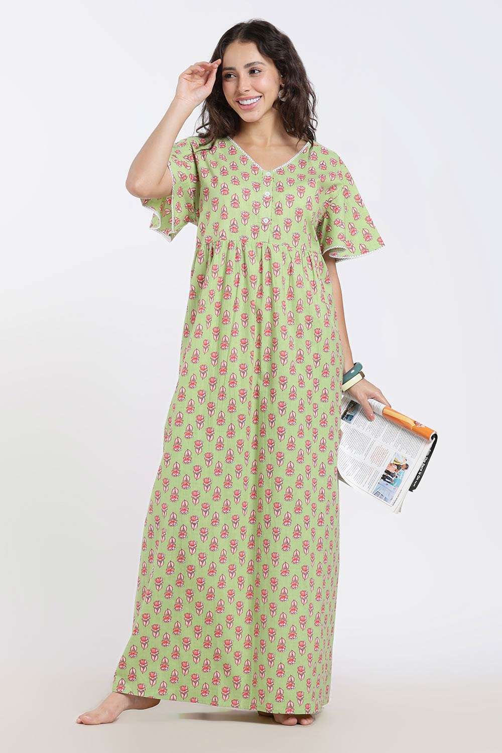 Naidu Hall Printed Cotton Nighty for Women – Full Length Flared A-Line Sleepwear with Lace V-Neck & Button Placket | Comfortable Daily Wear Nighty
- NB44