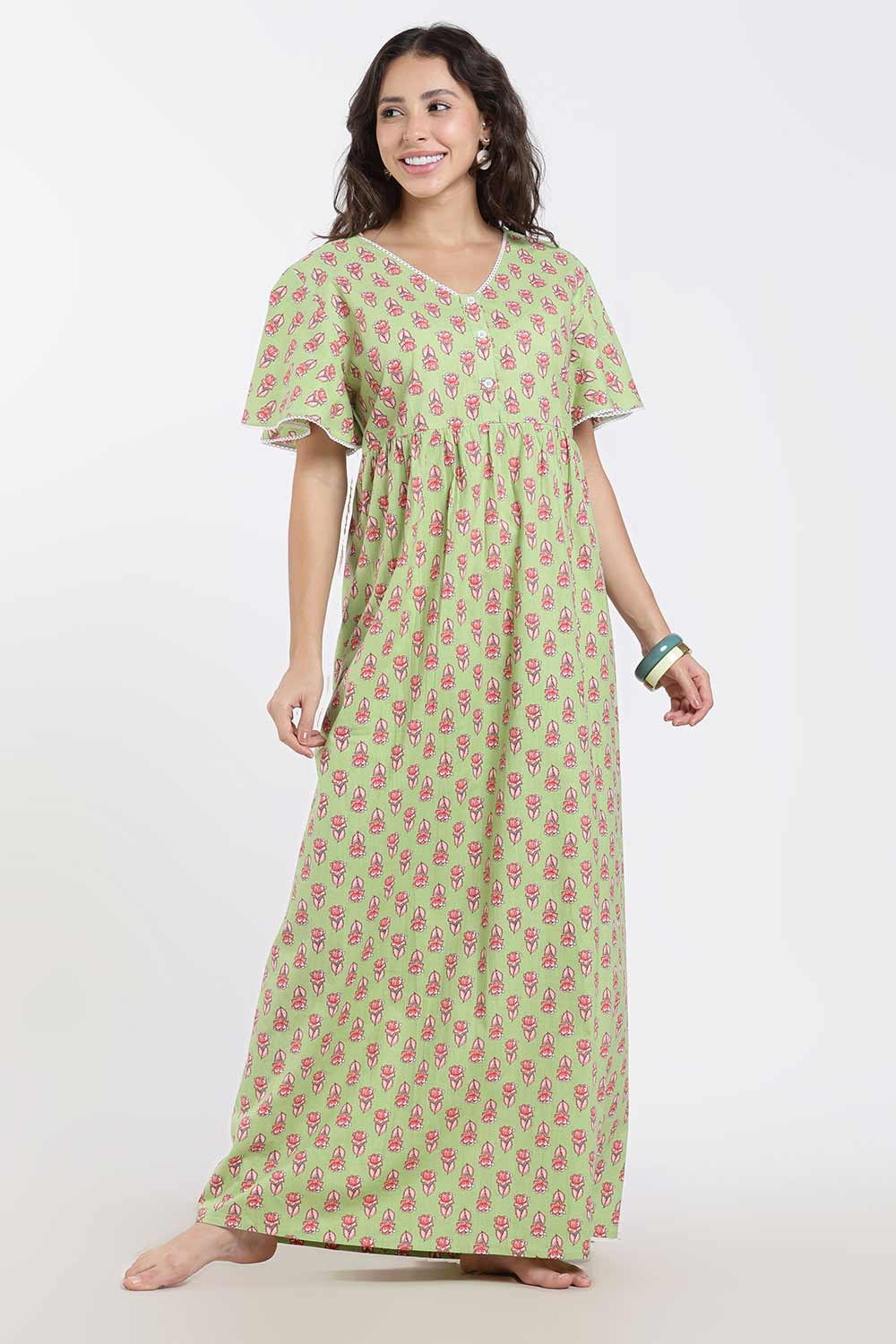 Naidu Hall Printed Cotton Nighty for Women – Full Length Flared A-Line Sleepwear with Lace V-Neck & Button Placket | Comfortable Daily Wear Nighty
- NB44