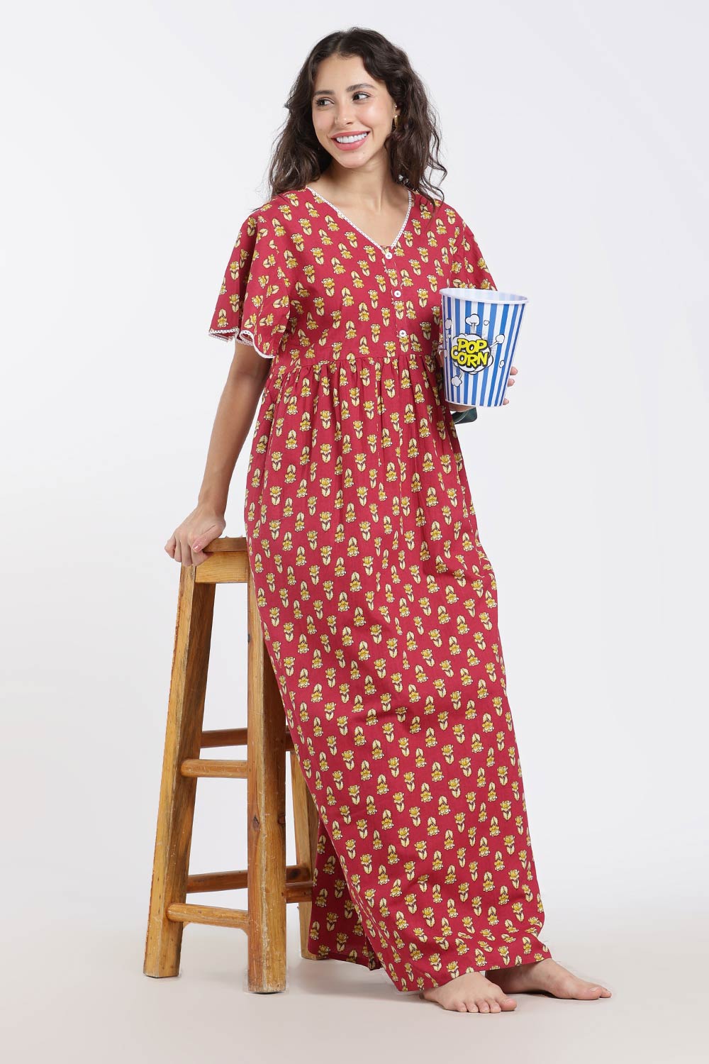 Naidu Hall Printed Cotton Nighty for Women – Full Length Flared A-Line Sleepwear with Lace V-Neck & Button Placket | Comfortable Daily Wear Nighty
- NB44