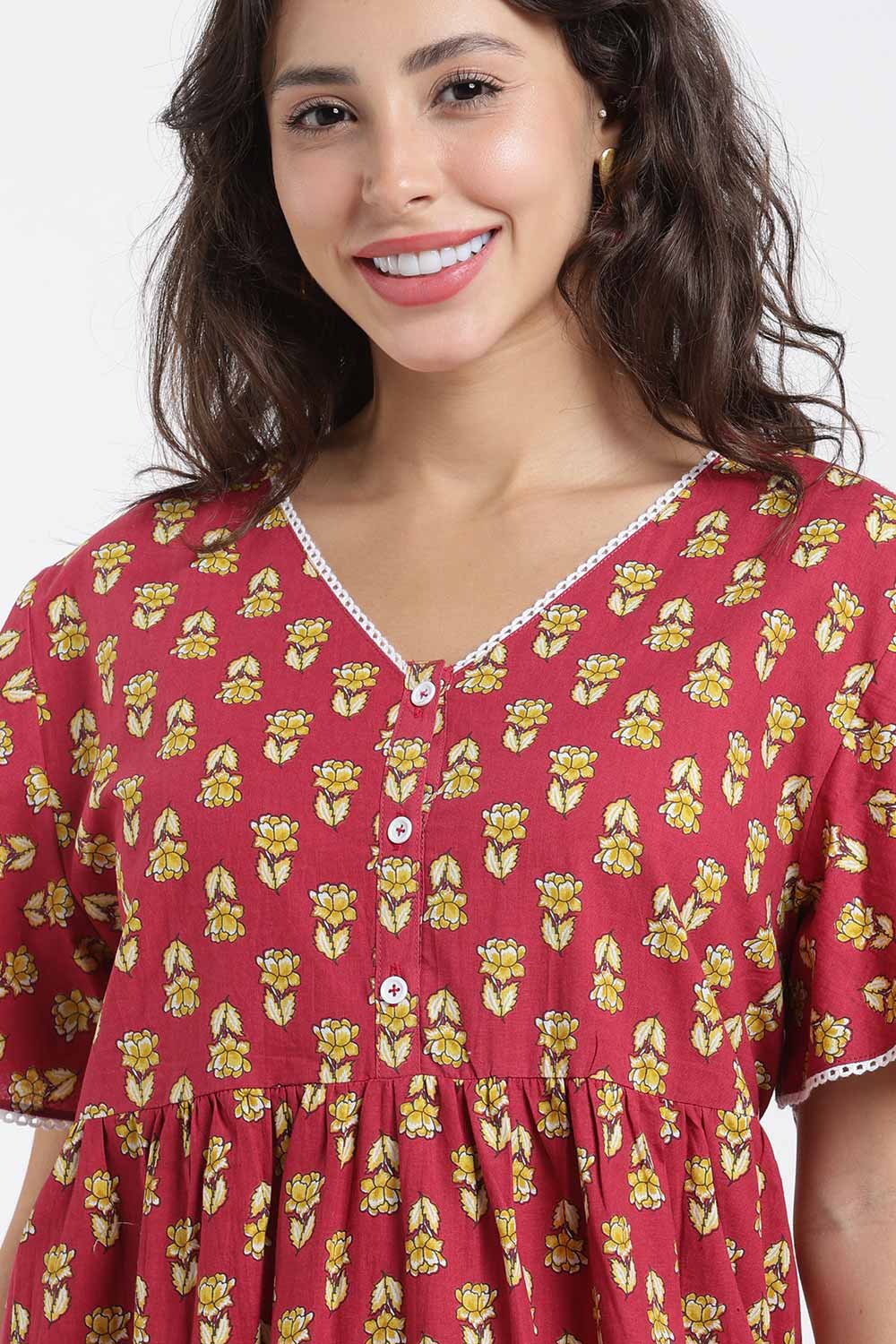 Naidu Hall Printed Cotton Nighty for Women – Full Length Flared A-Line Sleepwear with Lace V-Neck & Button Placket | Comfortable Daily Wear Nighty
- NB44