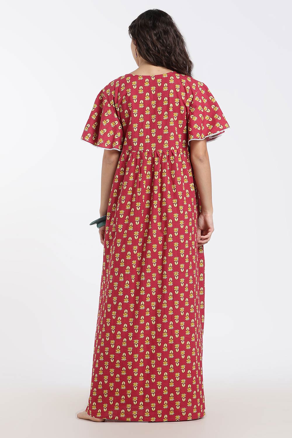 Naidu Hall Printed Cotton Nighty for Women – Full Length Flared A-Line Sleepwear with Lace V-Neck & Button Placket | Comfortable Daily Wear Nighty
- NB44