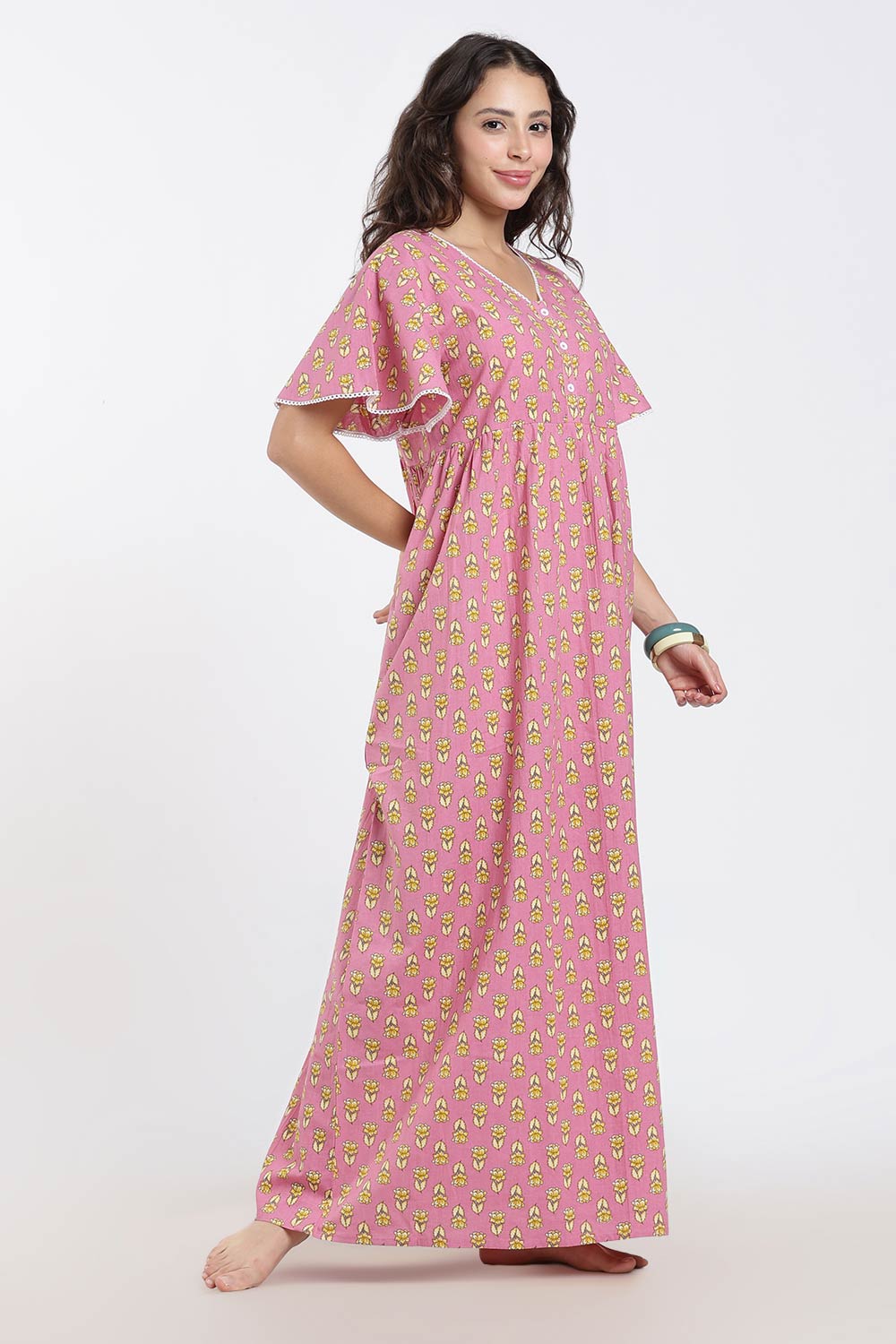 Naidu Hall Printed Cotton Nighty for Women – Full Length Flared A-Line Sleepwear with Lace V-Neck & Button Placket | Comfortable Daily Wear Nighty
- NB44