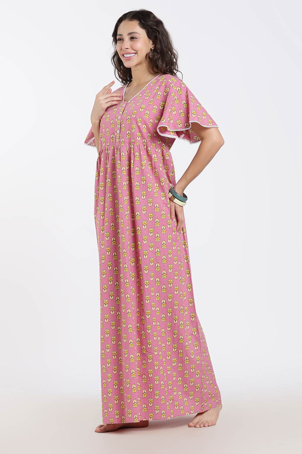 Naidu Hall Printed Cotton Nighty for Women – Full Length Flared A-Line Sleepwear with Lace V-Neck & Button Placket | Comfortable Daily Wear Nighty
- NB44