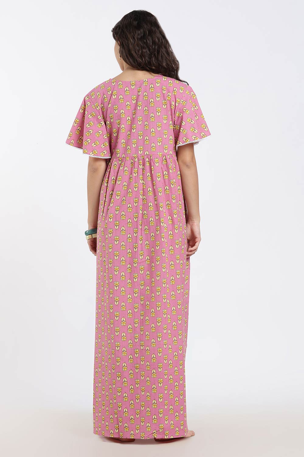 Naidu Hall Printed Cotton Nighty for Women – Full Length Flared A-Line Sleepwear with Lace V-Neck & Button Placket | Comfortable Daily Wear Nighty
- NB44