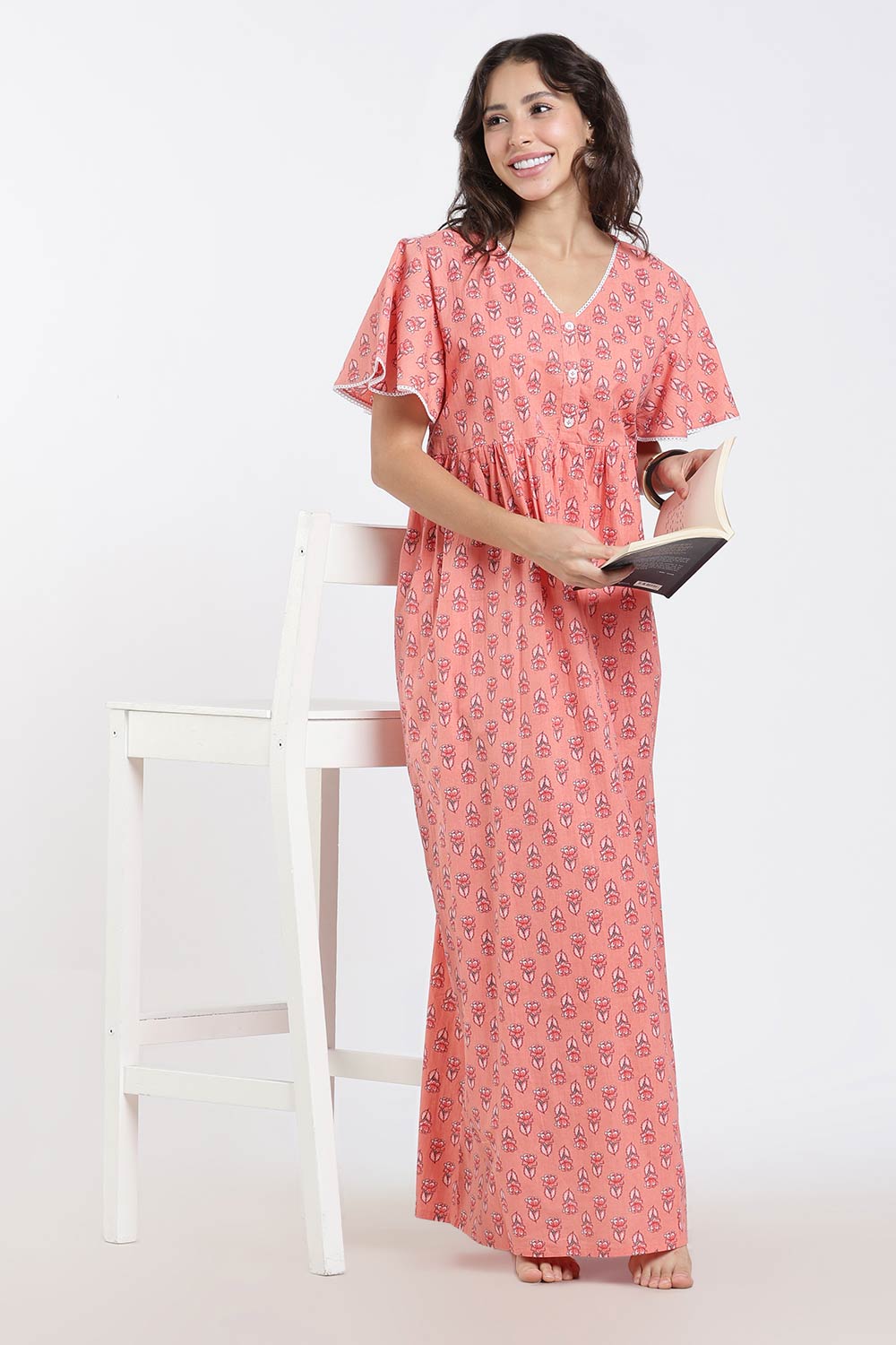 Naidu Hall Printed Cotton Nighty for Women – Full Length Flared A-Line Sleepwear with Lace V-Neck & Button Placket | Comfortable Daily Wear Nighty
- NB44