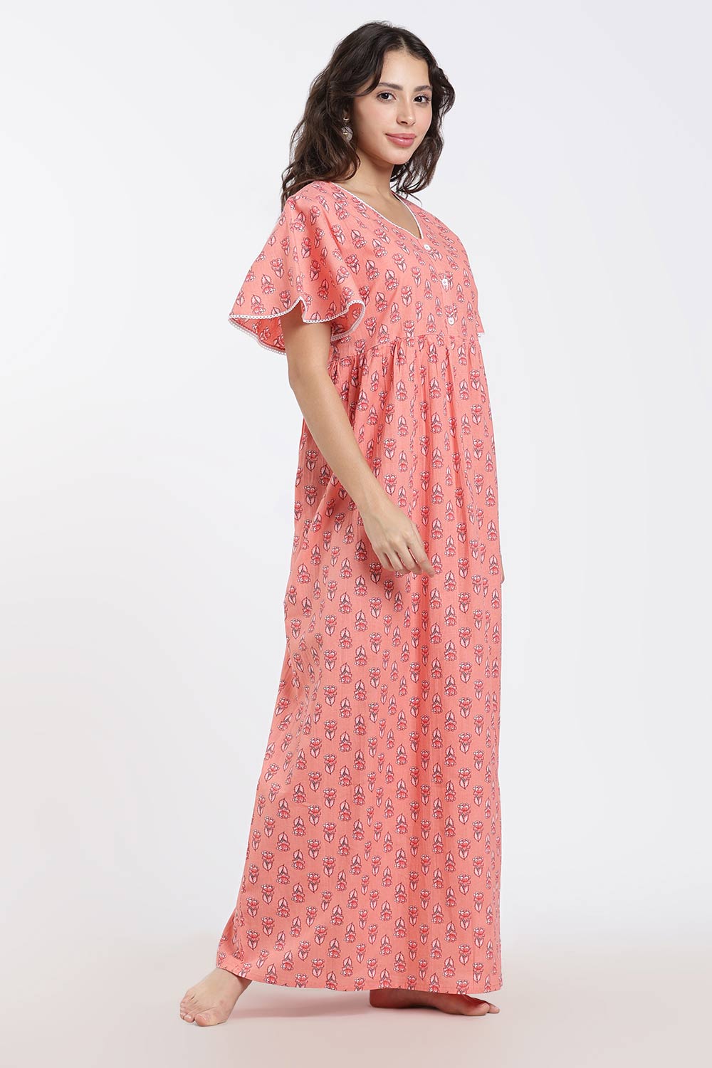 Naidu Hall Printed Cotton Nighty for Women – Full Length Flared A-Line Sleepwear with Lace V-Neck & Button Placket | Comfortable Daily Wear Nighty
- NB44