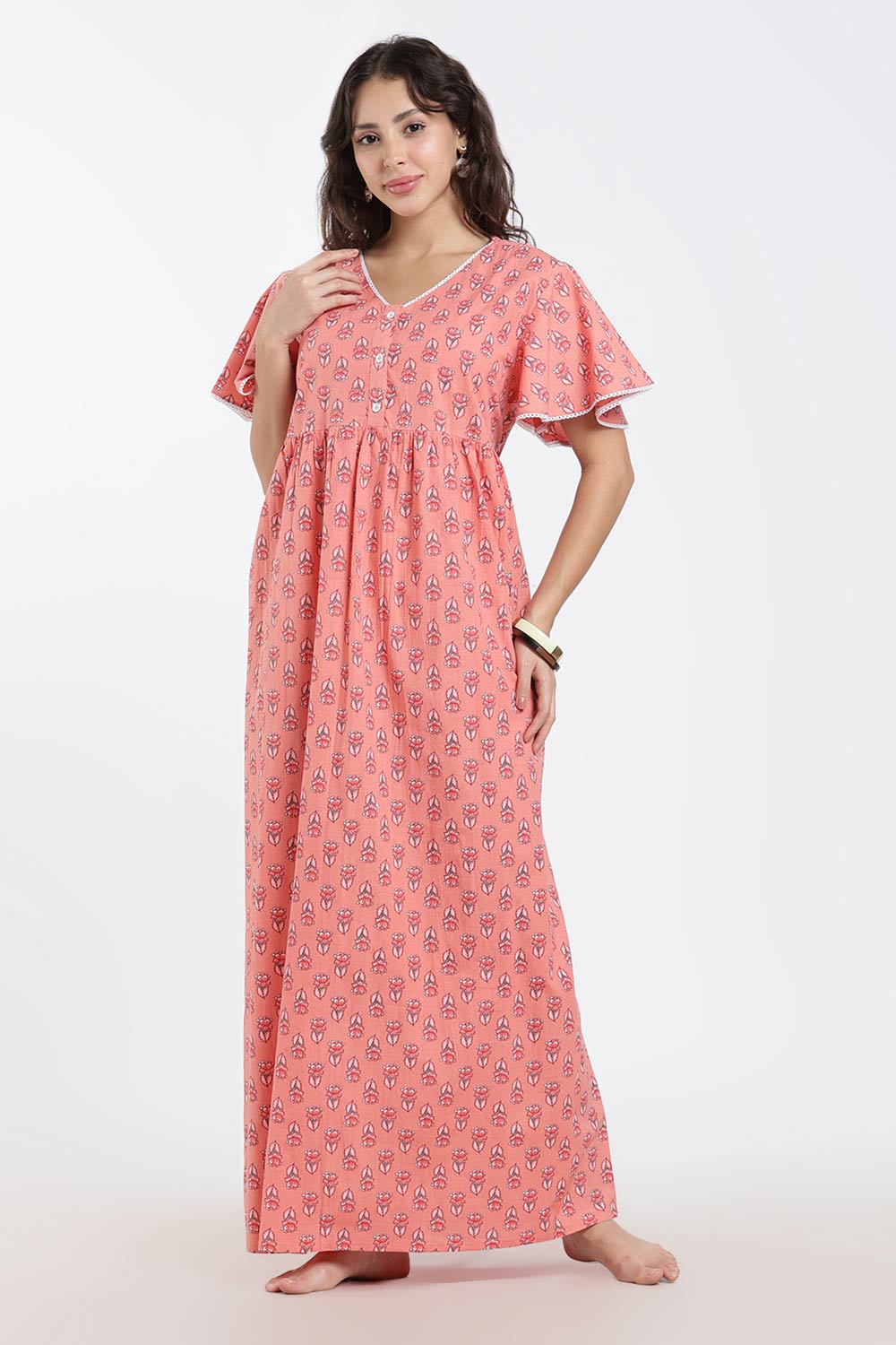 Naidu Hall Printed Cotton Nighty for Women – Full Length Flared A-Line Sleepwear with Lace V-Neck & Button Placket | Comfortable Daily Wear Nighty
- NB44